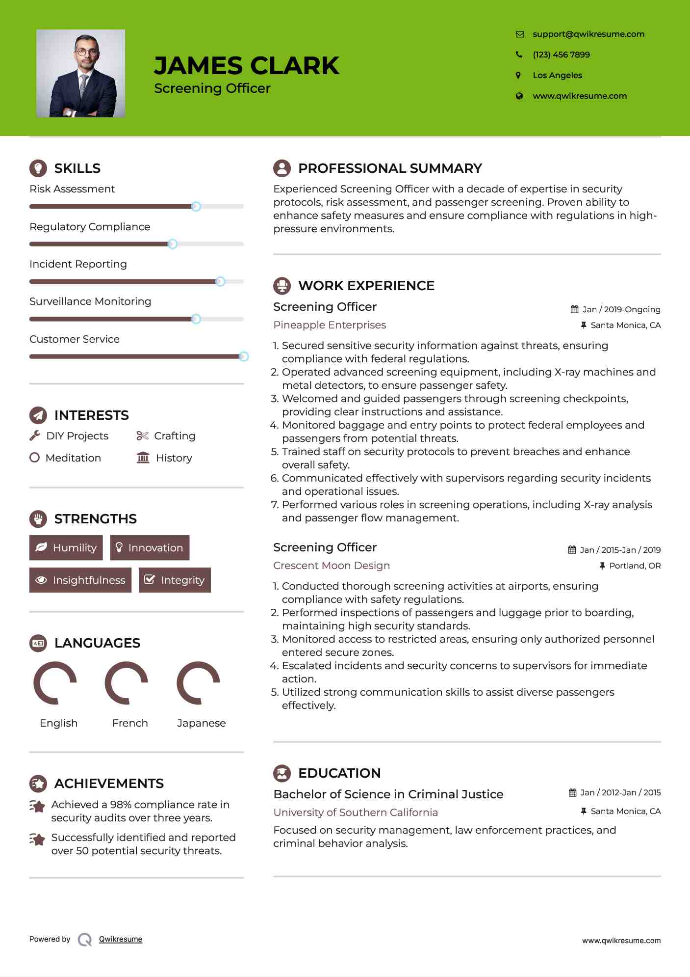 Screening Officer Resume Template