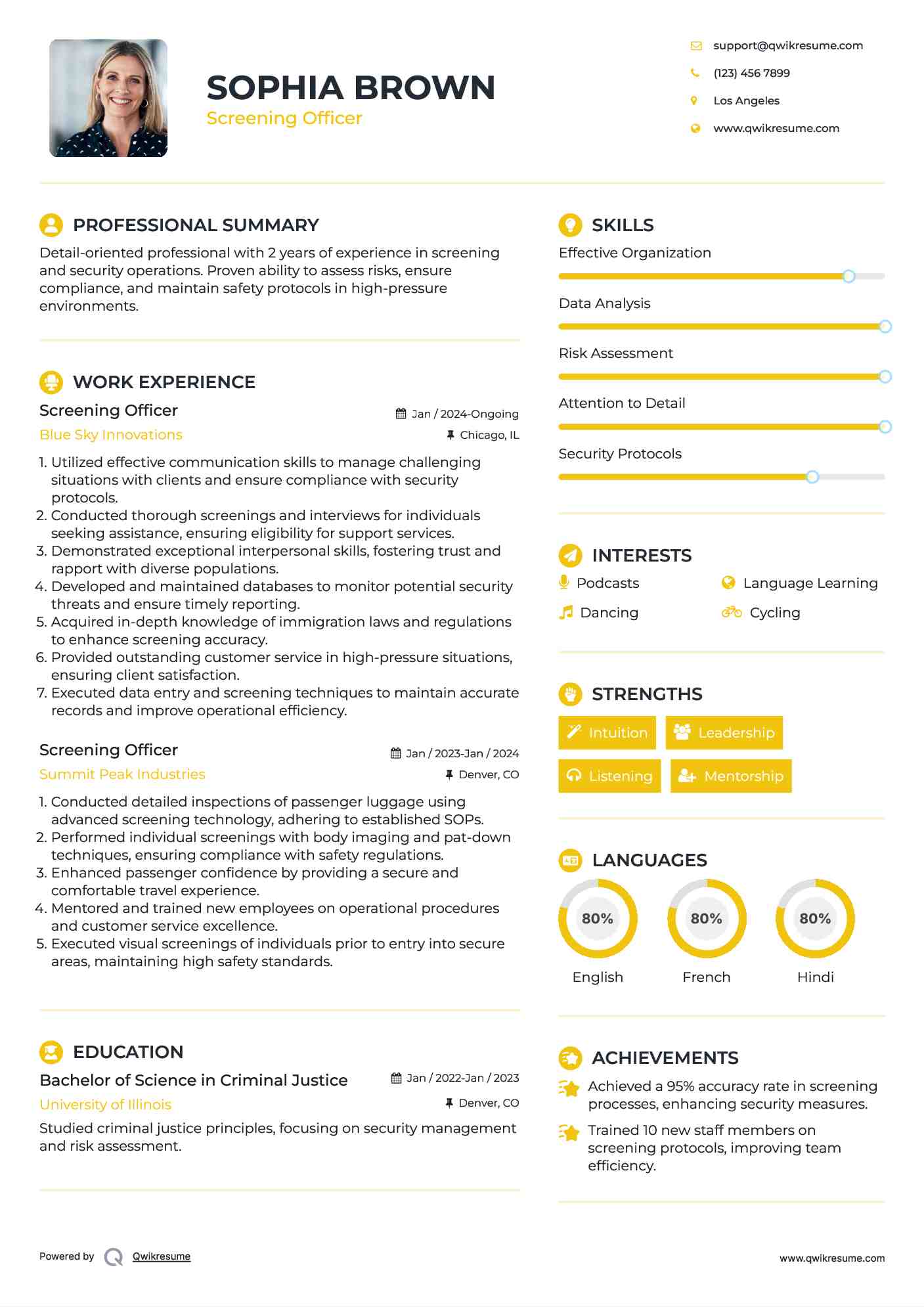 Screening Officer Resume Example