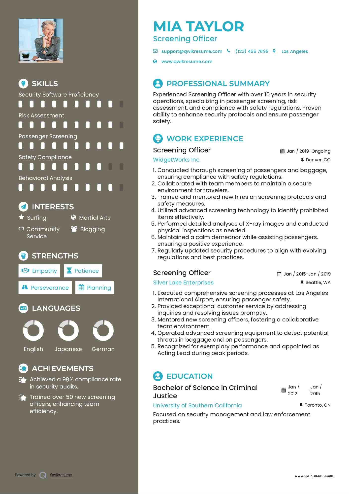 Screening Officer Resume Sample