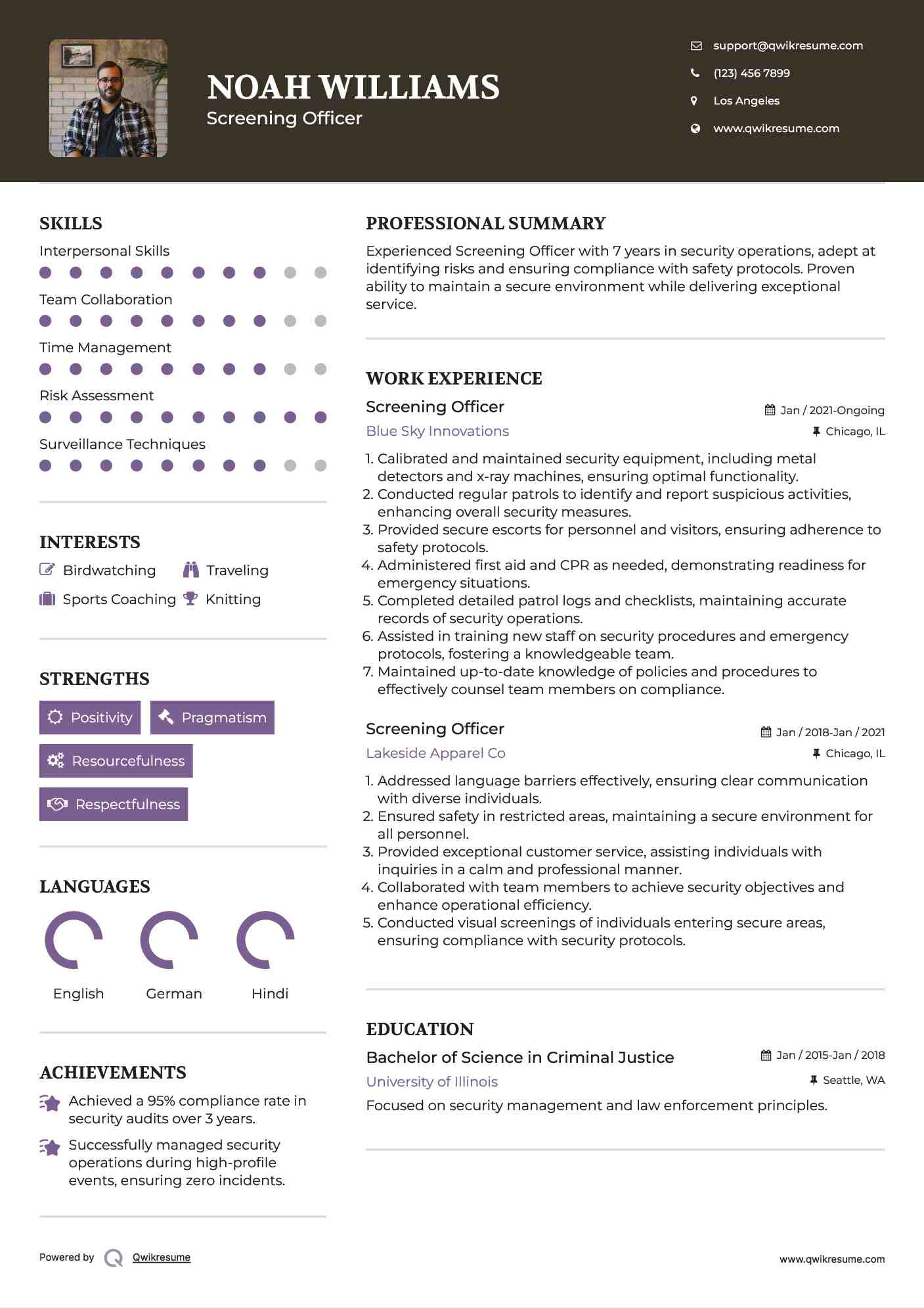 Screening Officer Resume Example