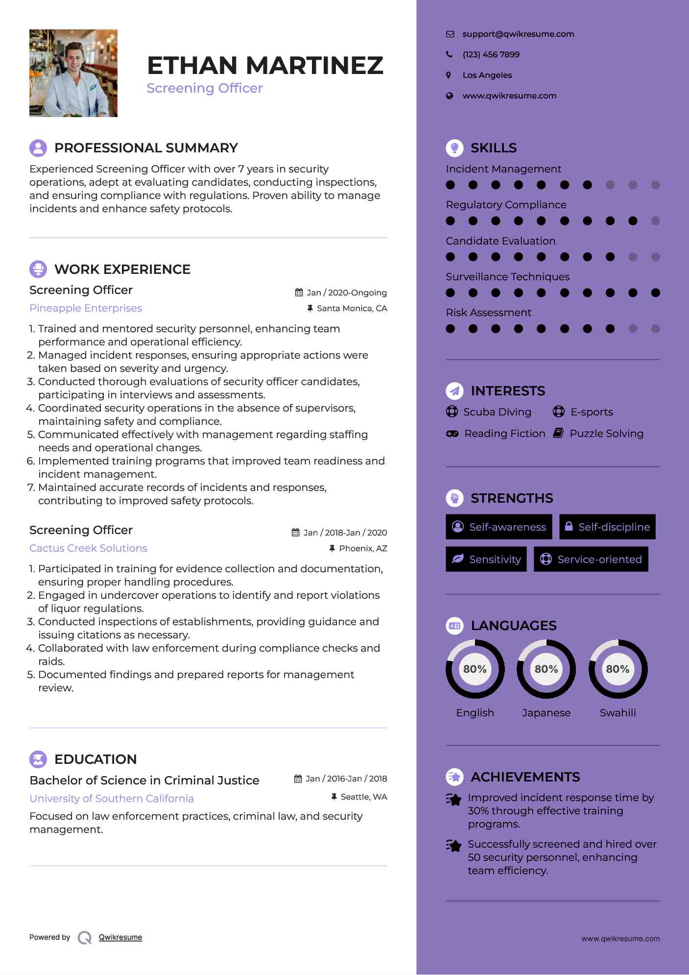 Screening Officer Resume Model