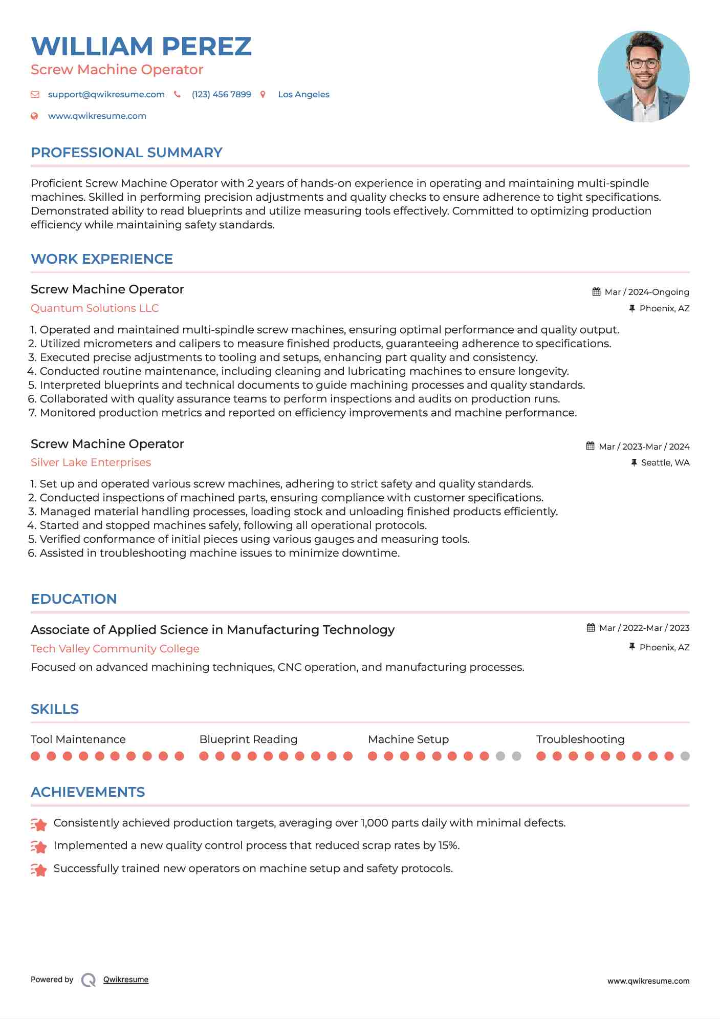 Screw Machine Operator Resume Samples QwikResume