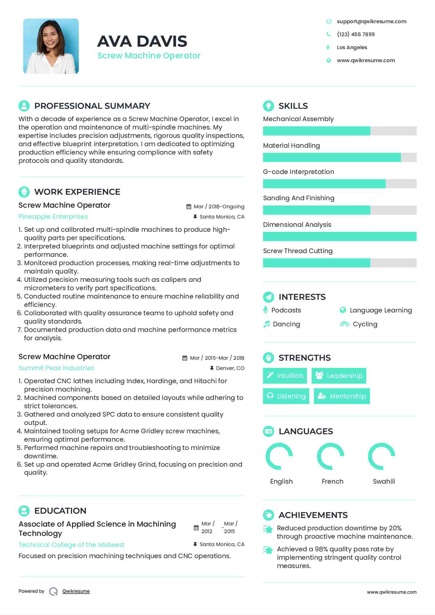 Screw Machine Operator Resume Samples QwikResume