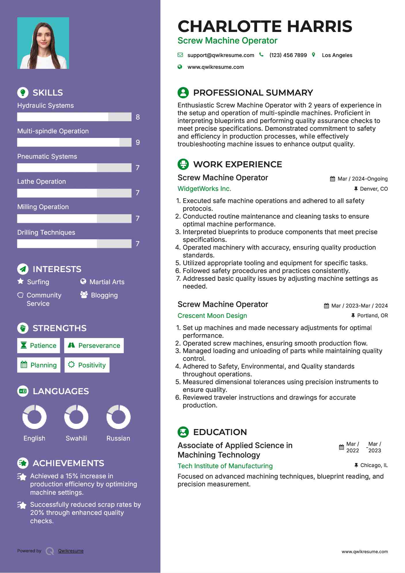 Screw Machine Operator Resume Samples QwikResume