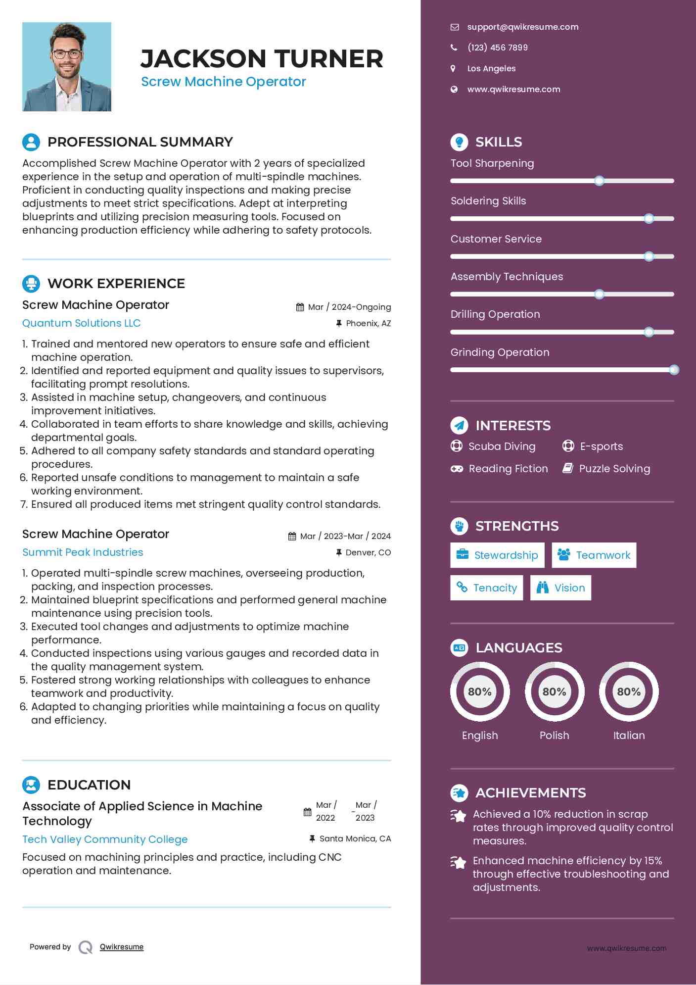 Screw Machine Operator Resume Samples QwikResume