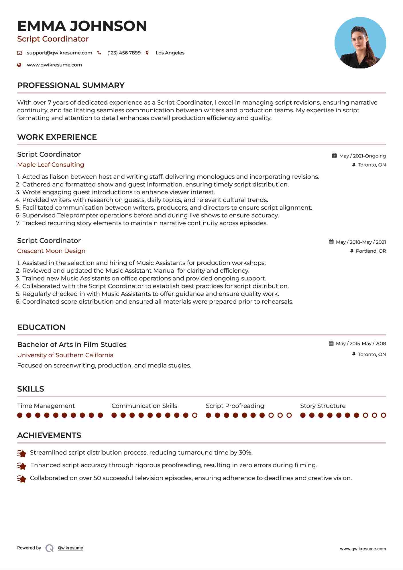 Script Coordinator Resume Format