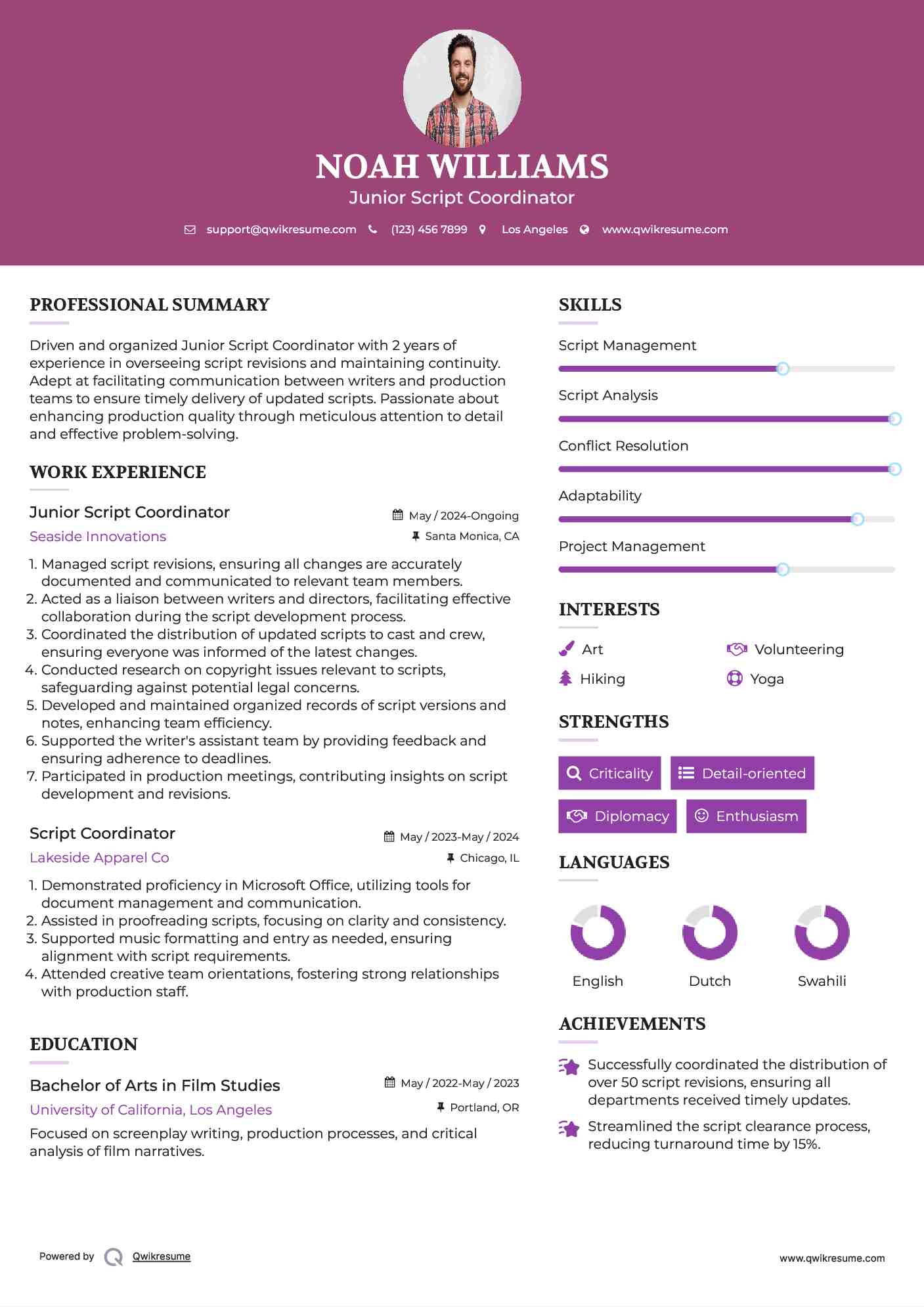Junior Script Coordinator
 Resume Format