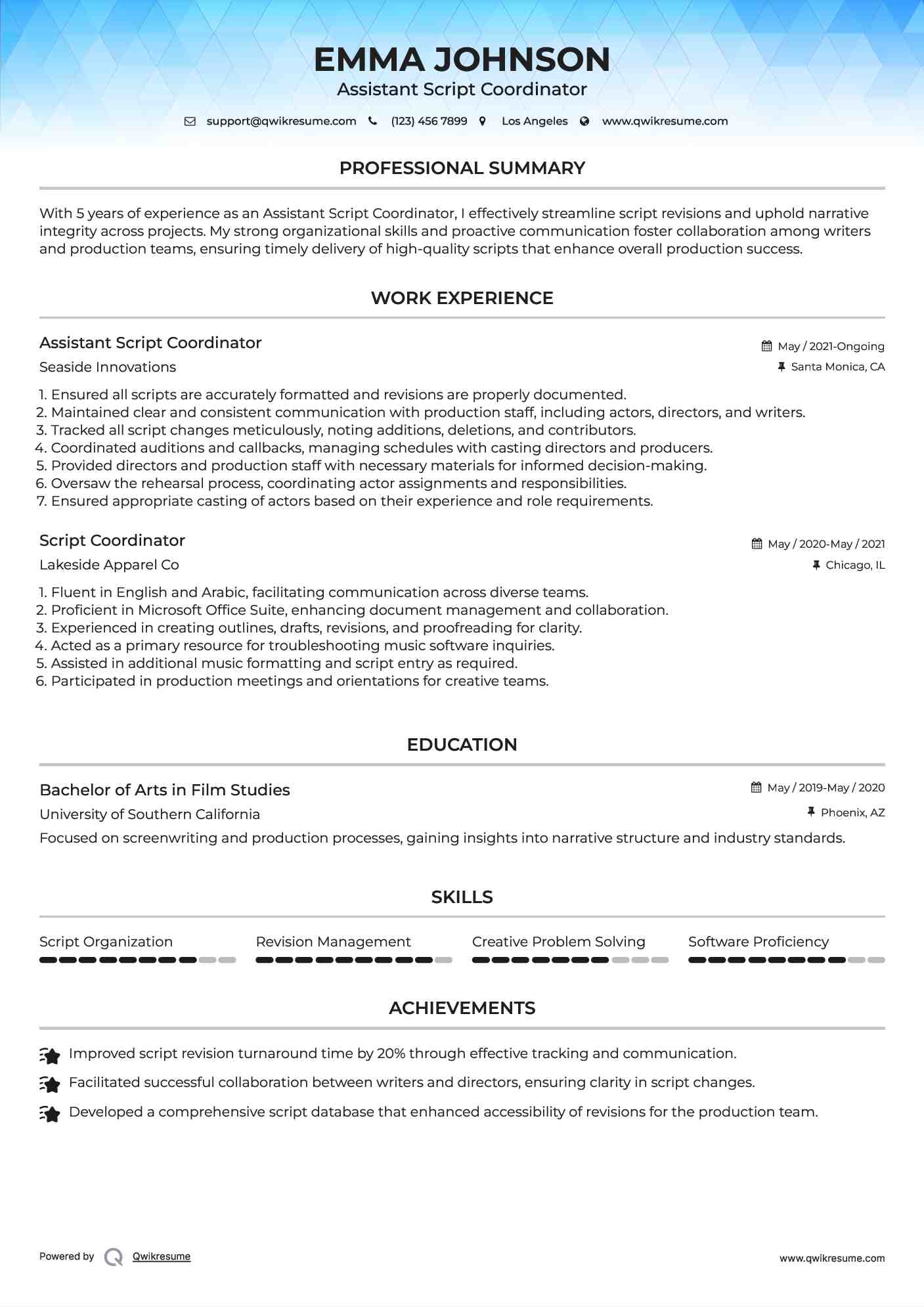 Assistant Script Coordinator
 Resume Model