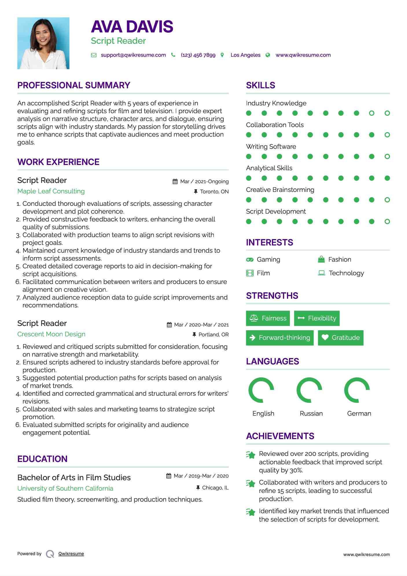 Script Reader Resume Model