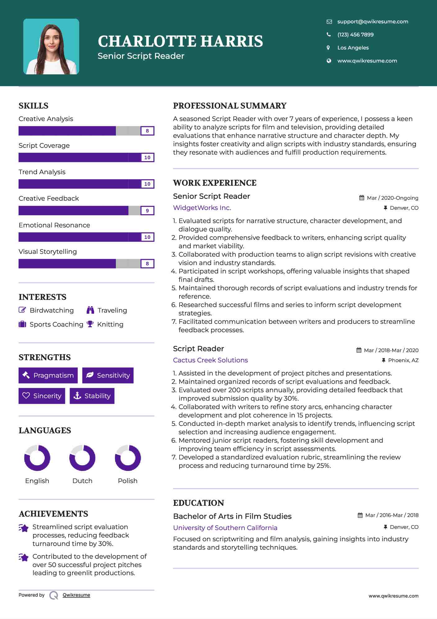 Senior Script Reader Resume Format
