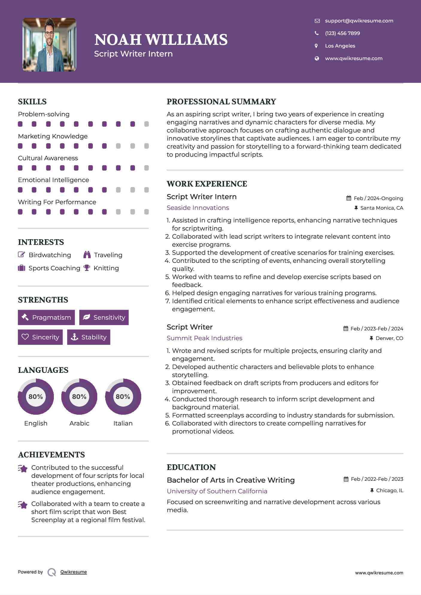 Script Writer Intern Resume Model