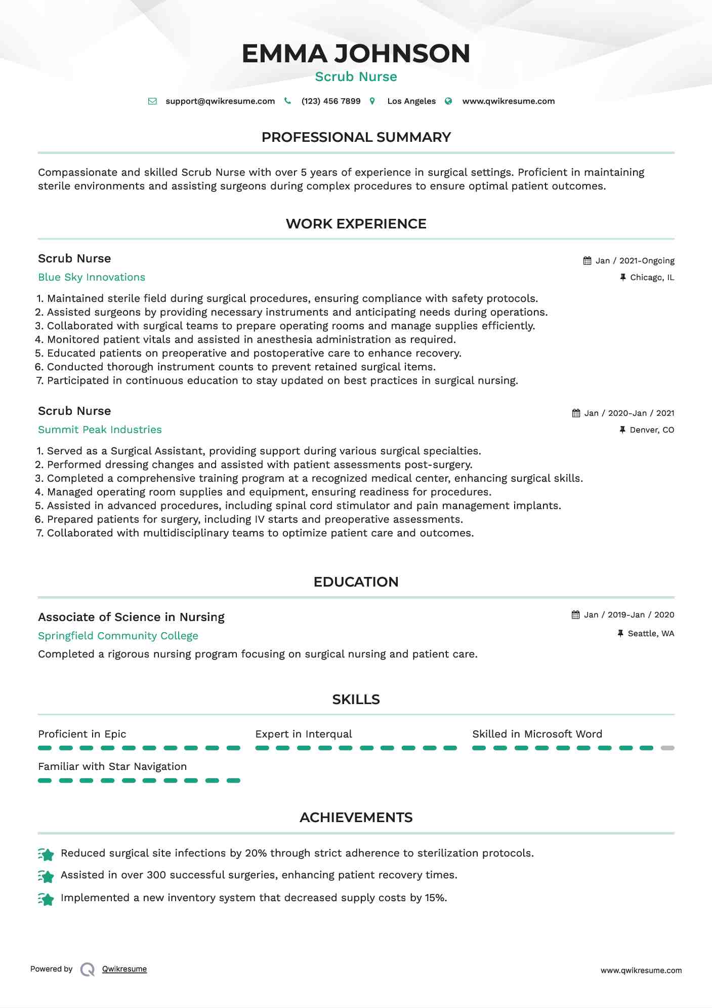 Scrub Nurse Resume Example