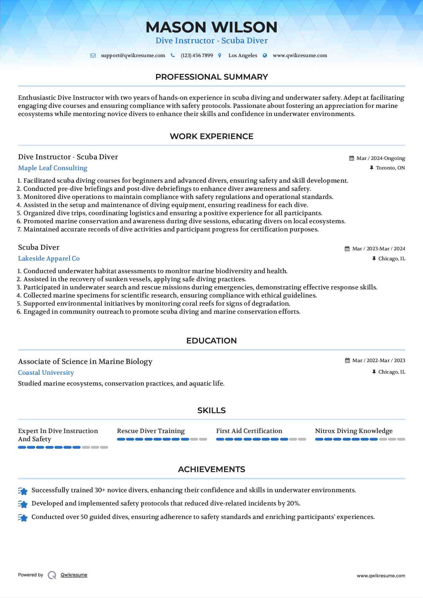 Dive Instructor - Scuba Diver Resume Sample