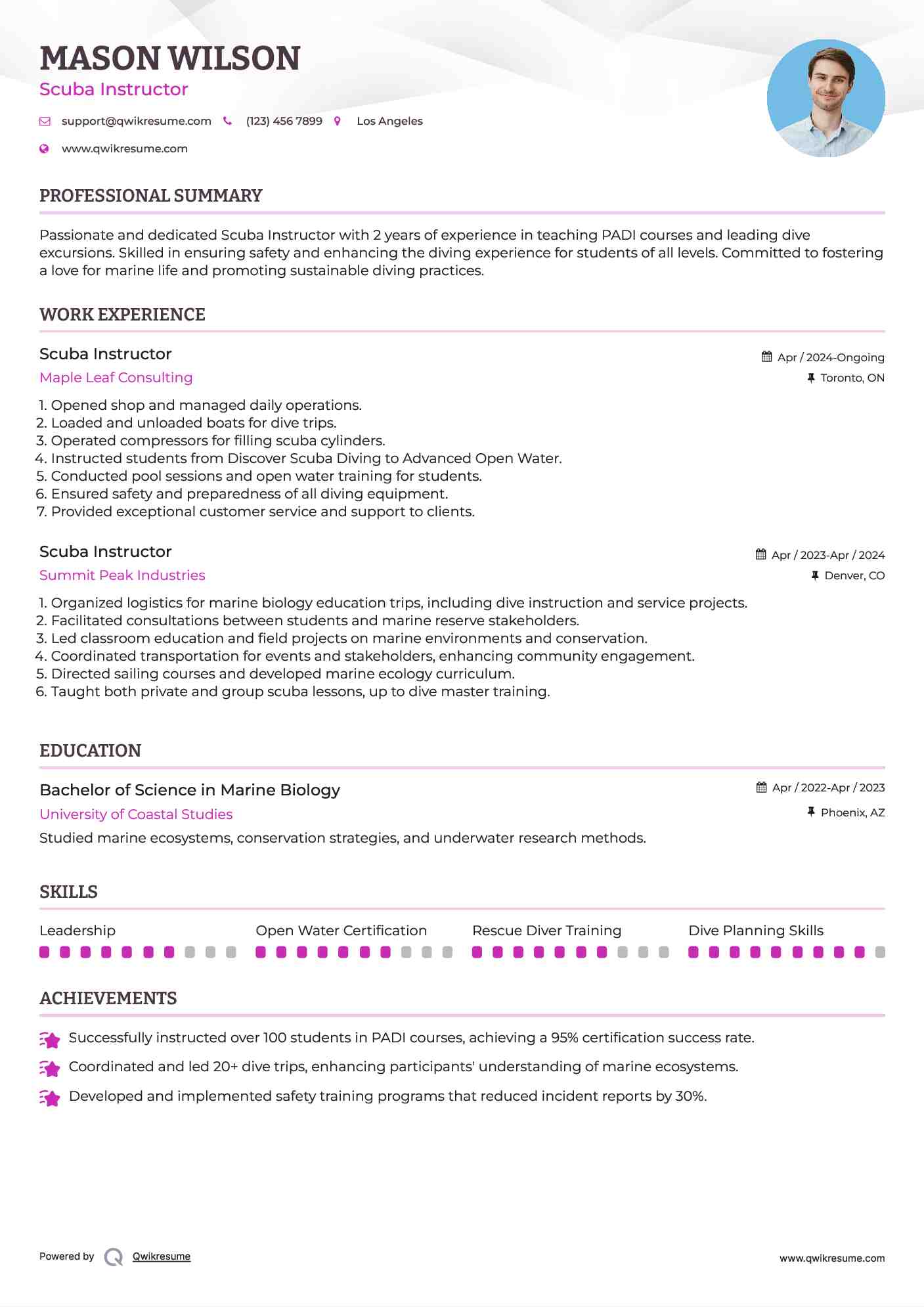 Scuba Instructor Resume Model