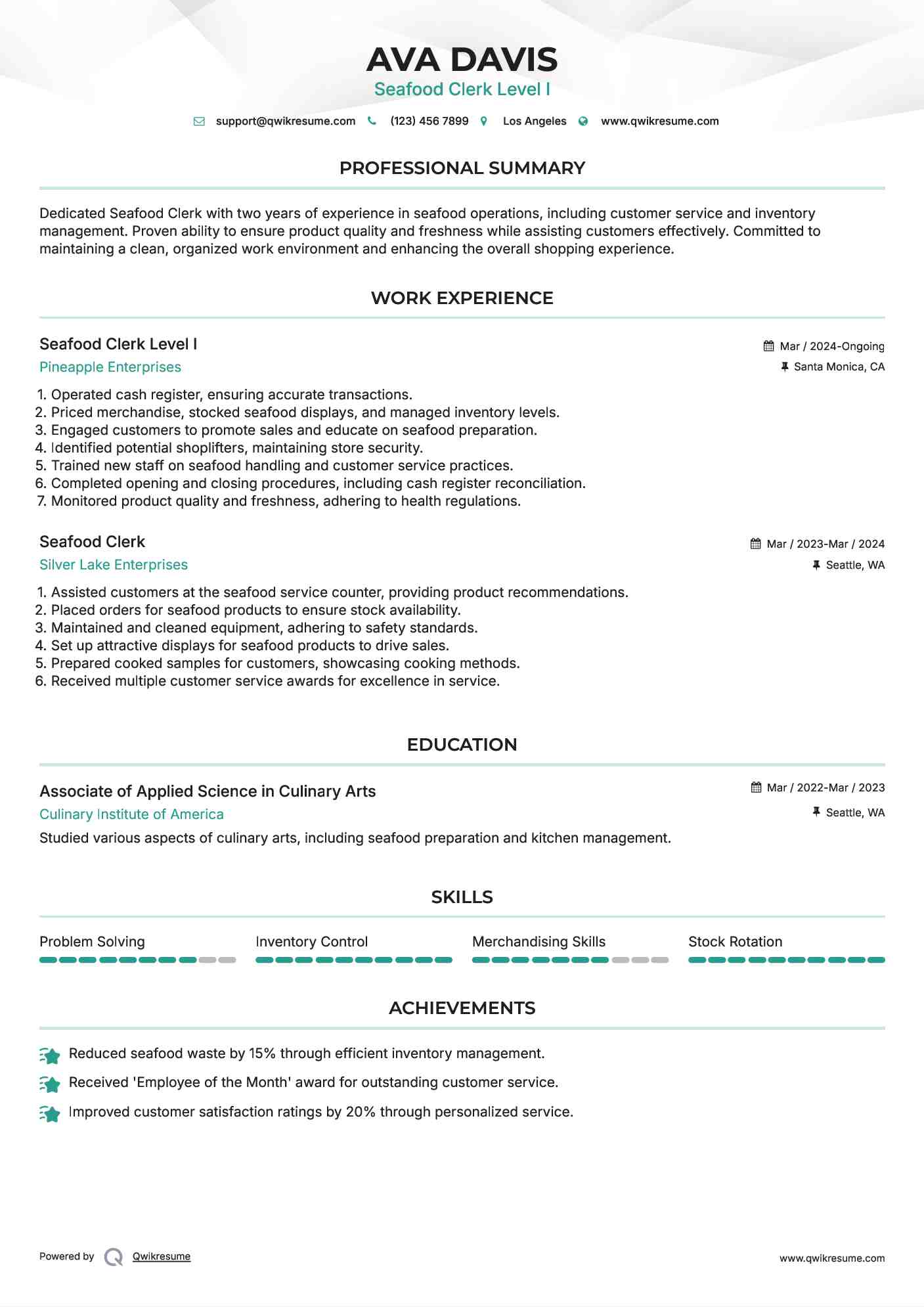 Seafood Clerk Resume Samples QwikResume