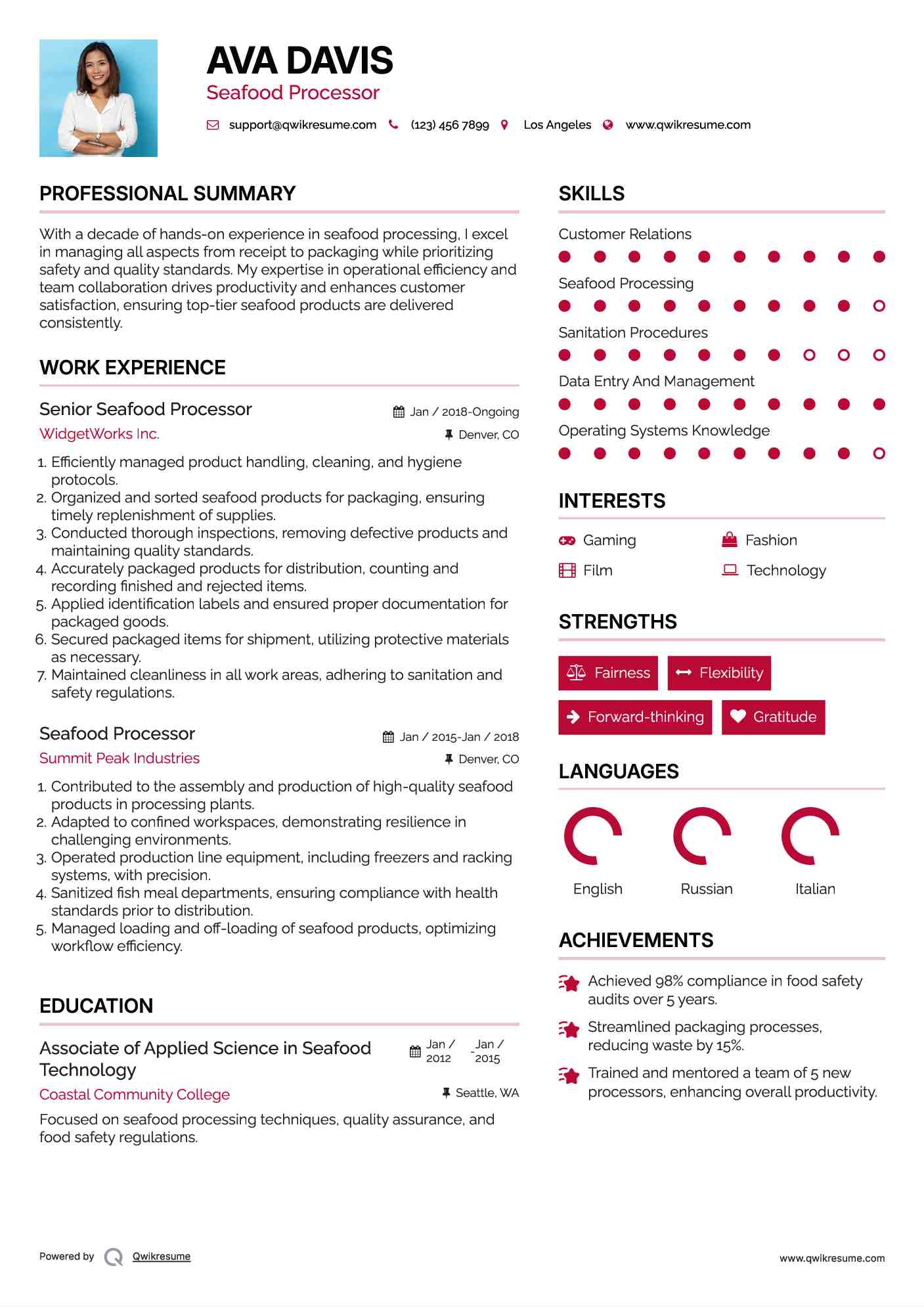 Senior Seafood Processor Resume Format