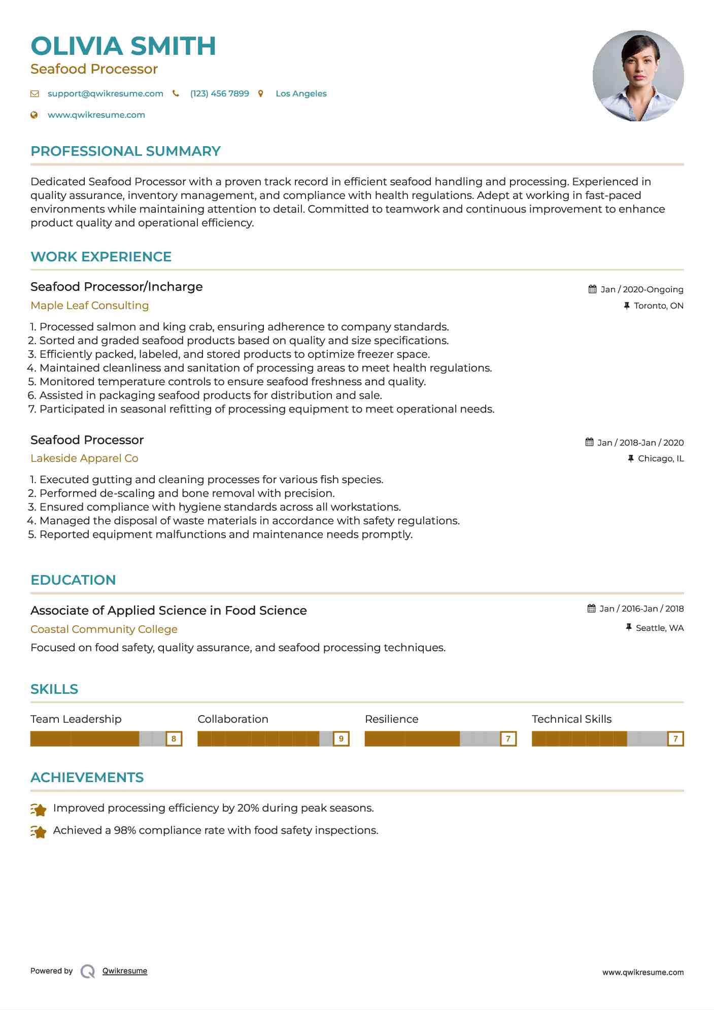 Seafood Processor/Incharge Resume Format