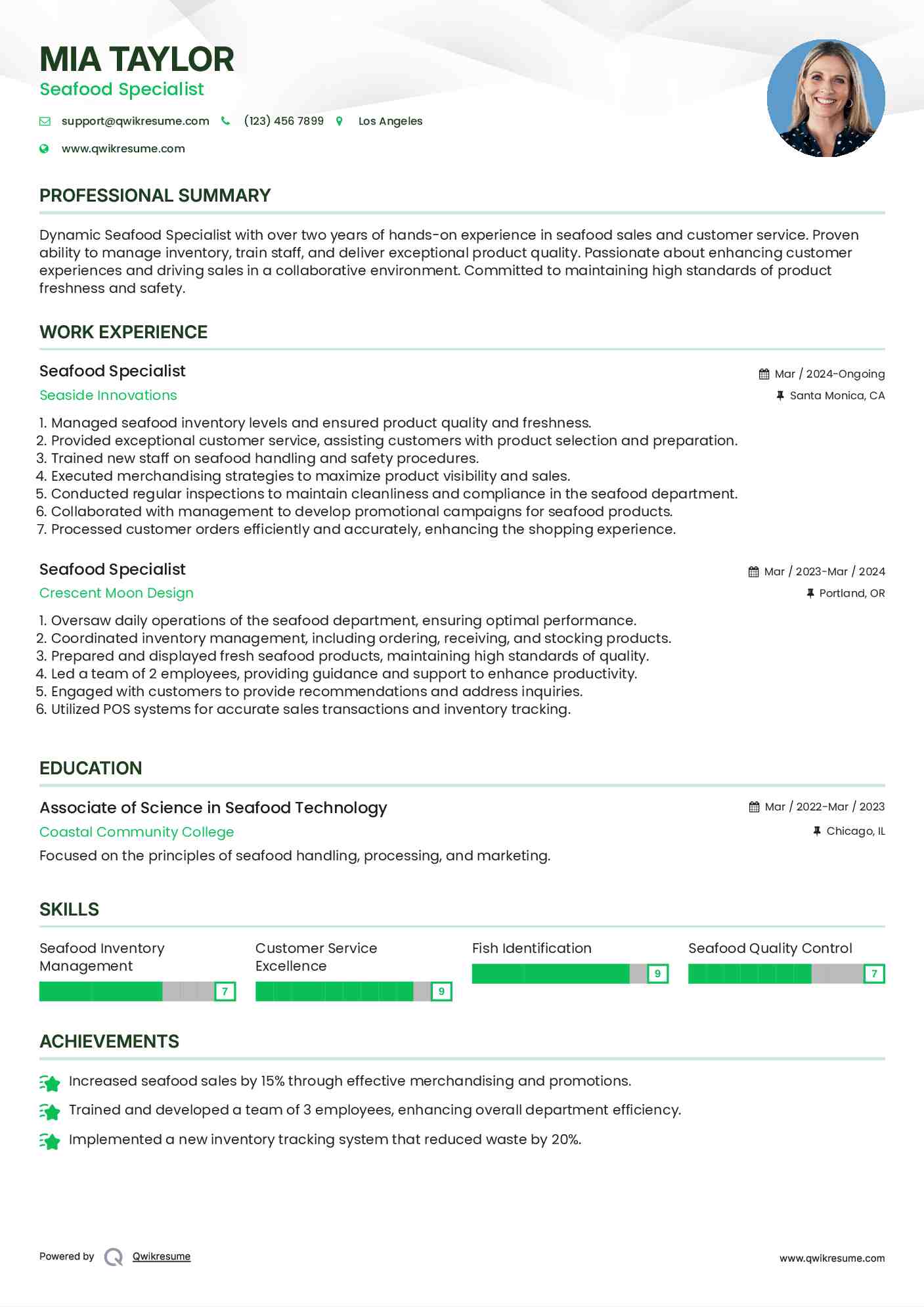 Seafood Specialist Resume Format