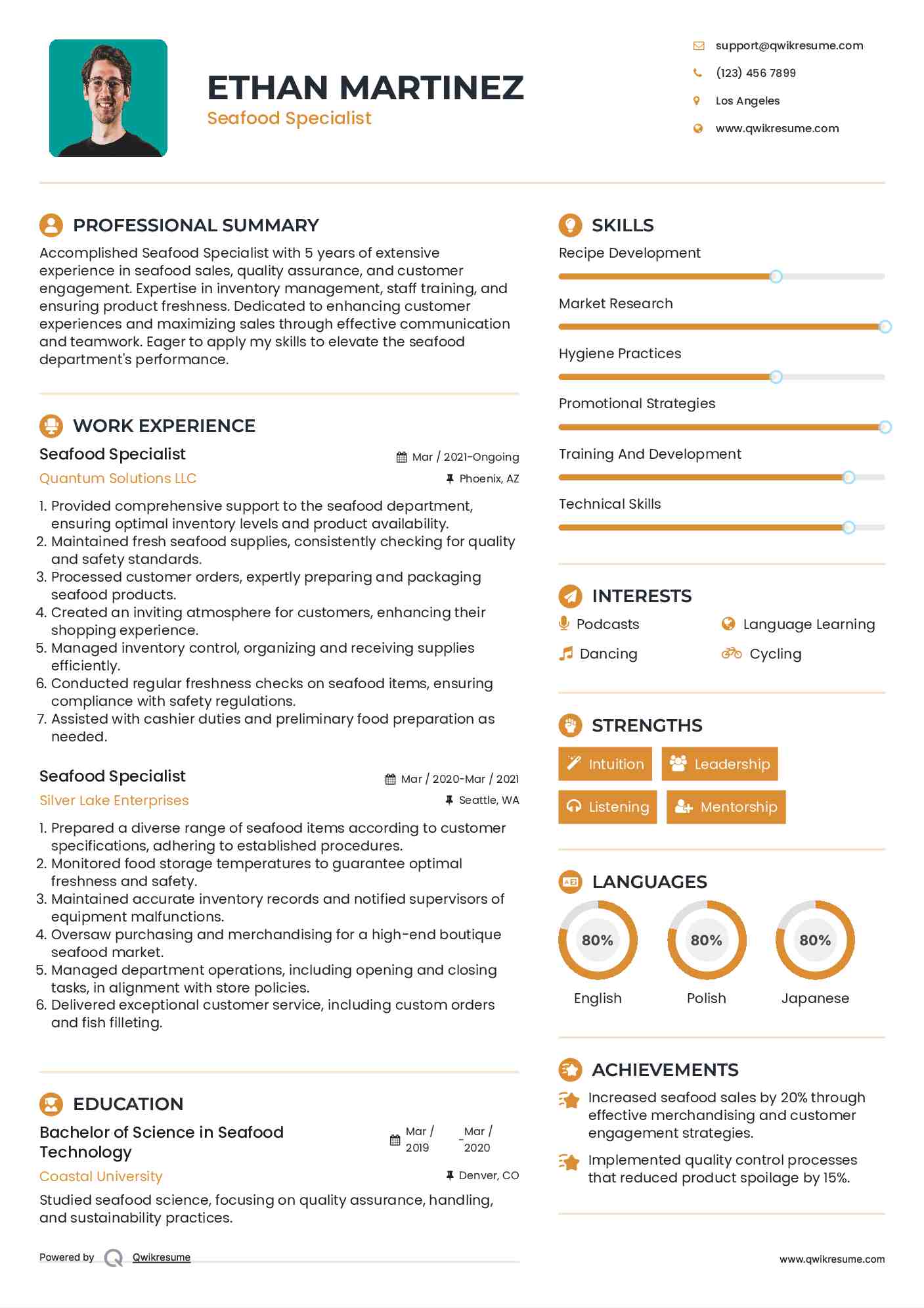 Seafood Specialist Resume Sample