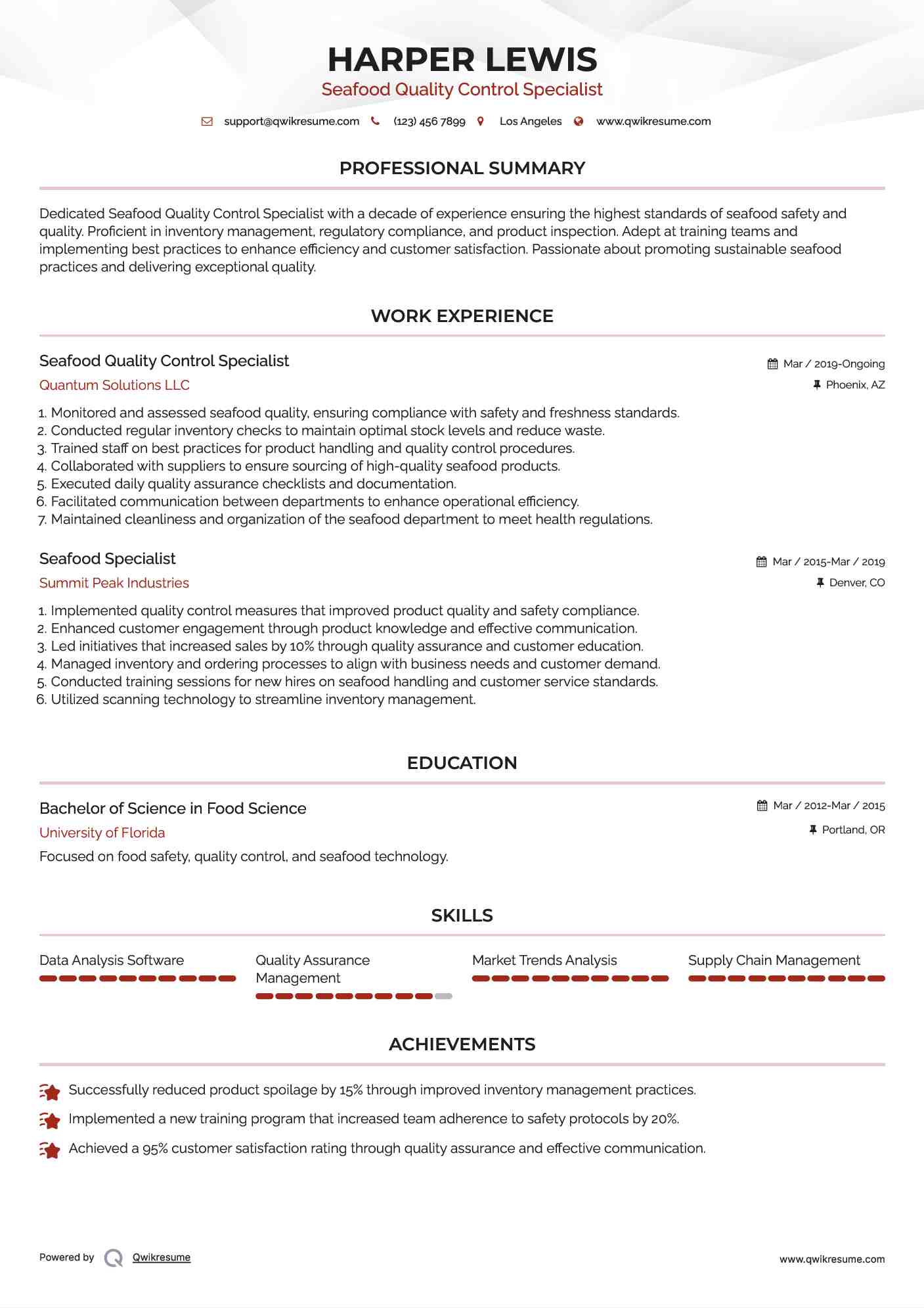 Seafood Quality Control Specialist Resume Template