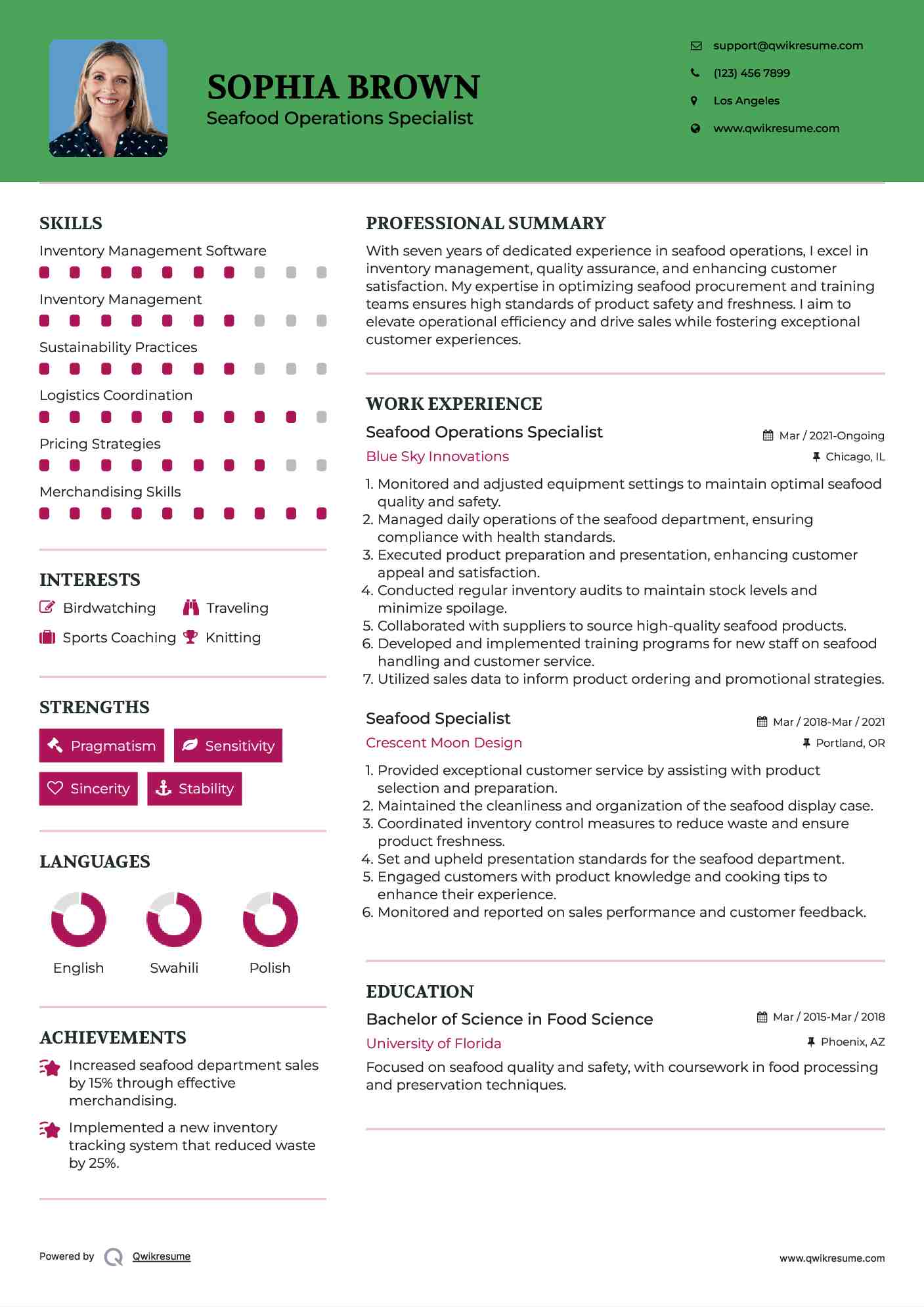 Seafood Operations Specialist Resume Sample