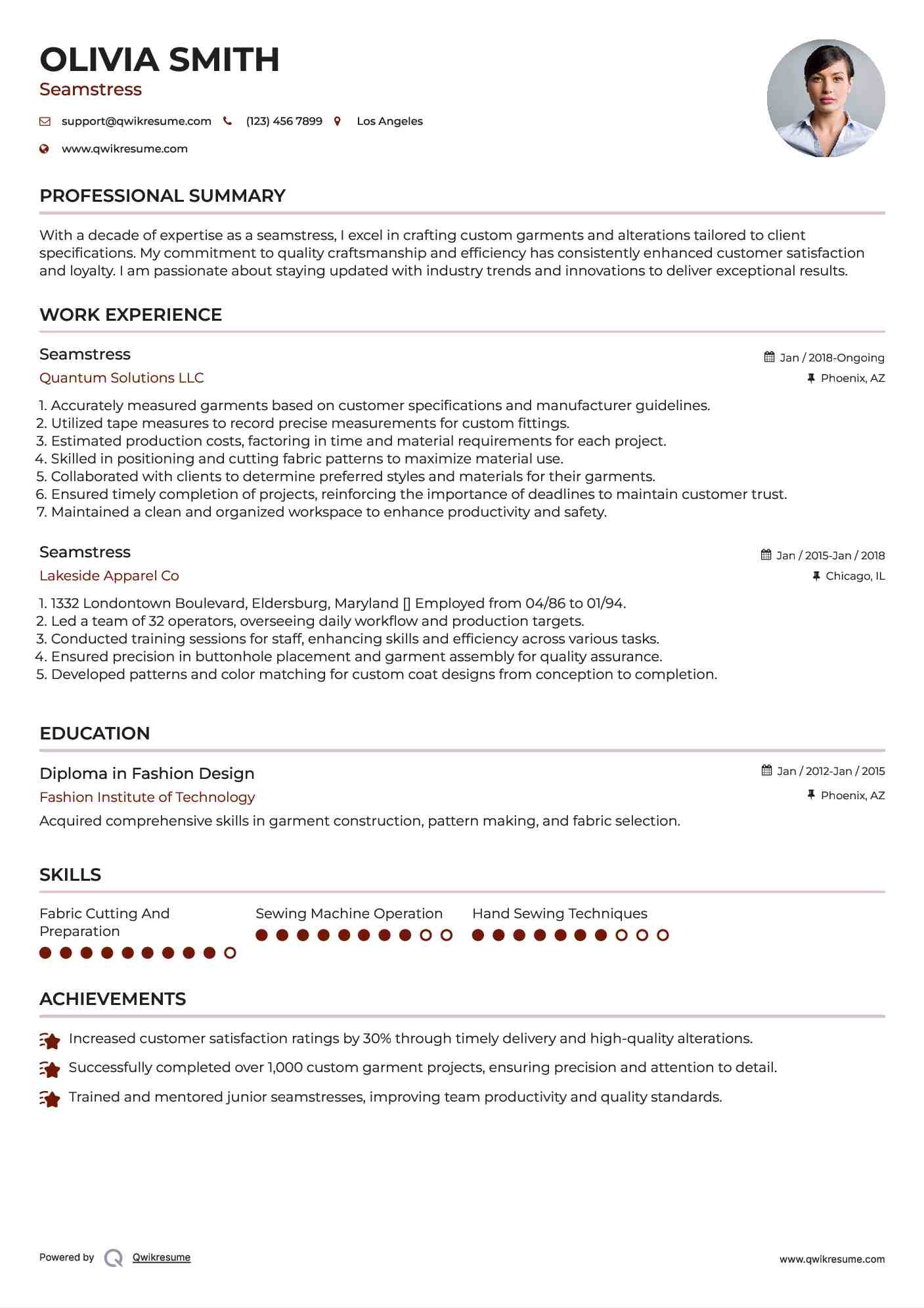 Seamstress Resume Example