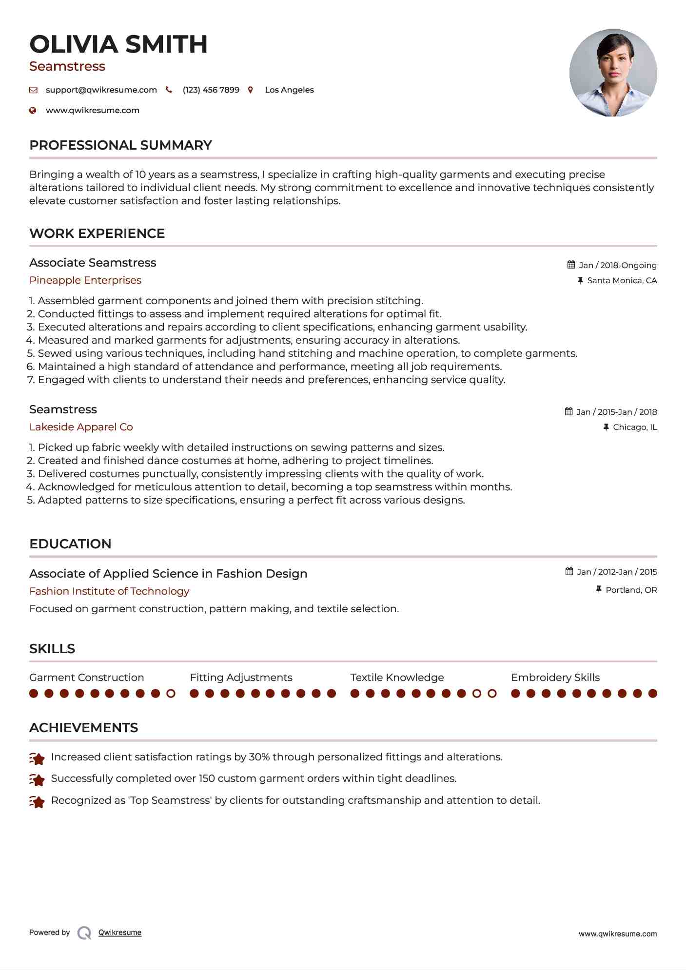 Associate Seamstress Resume Sample