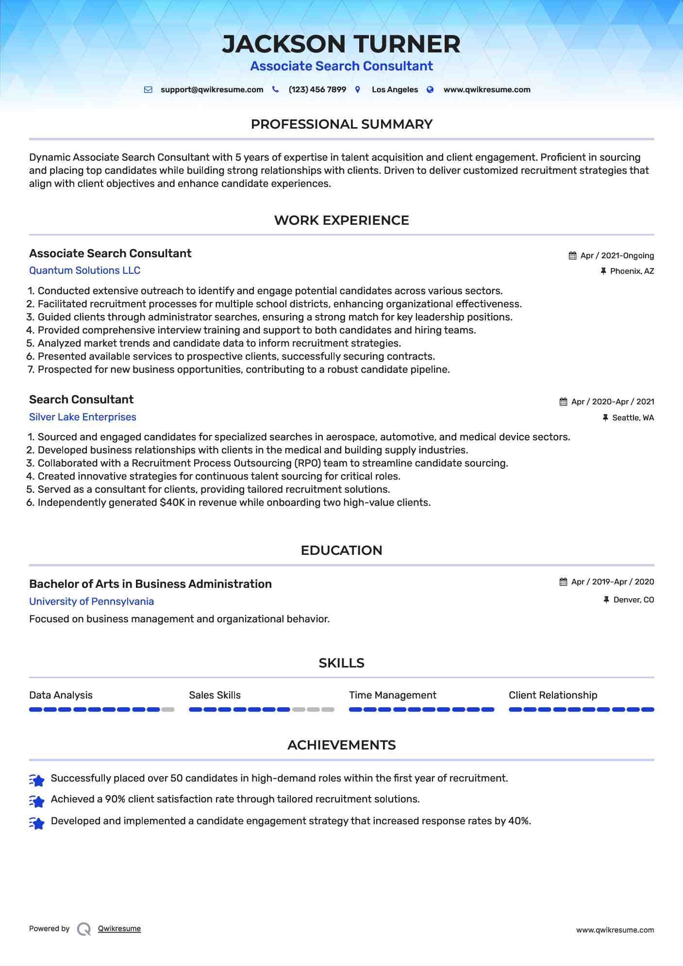 Associate Search Consultant Resume Sample