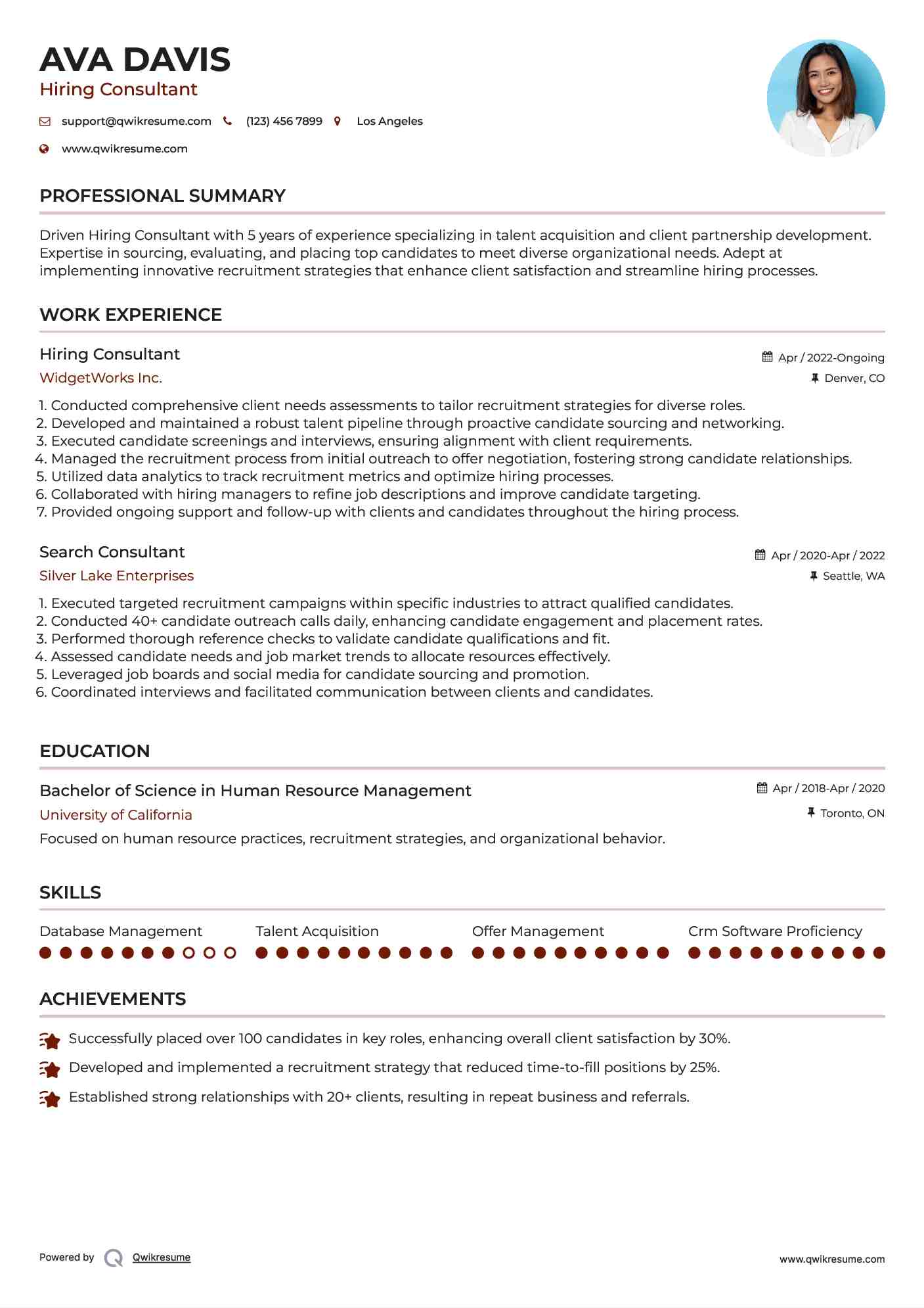 Hiring Consultant Resume Example