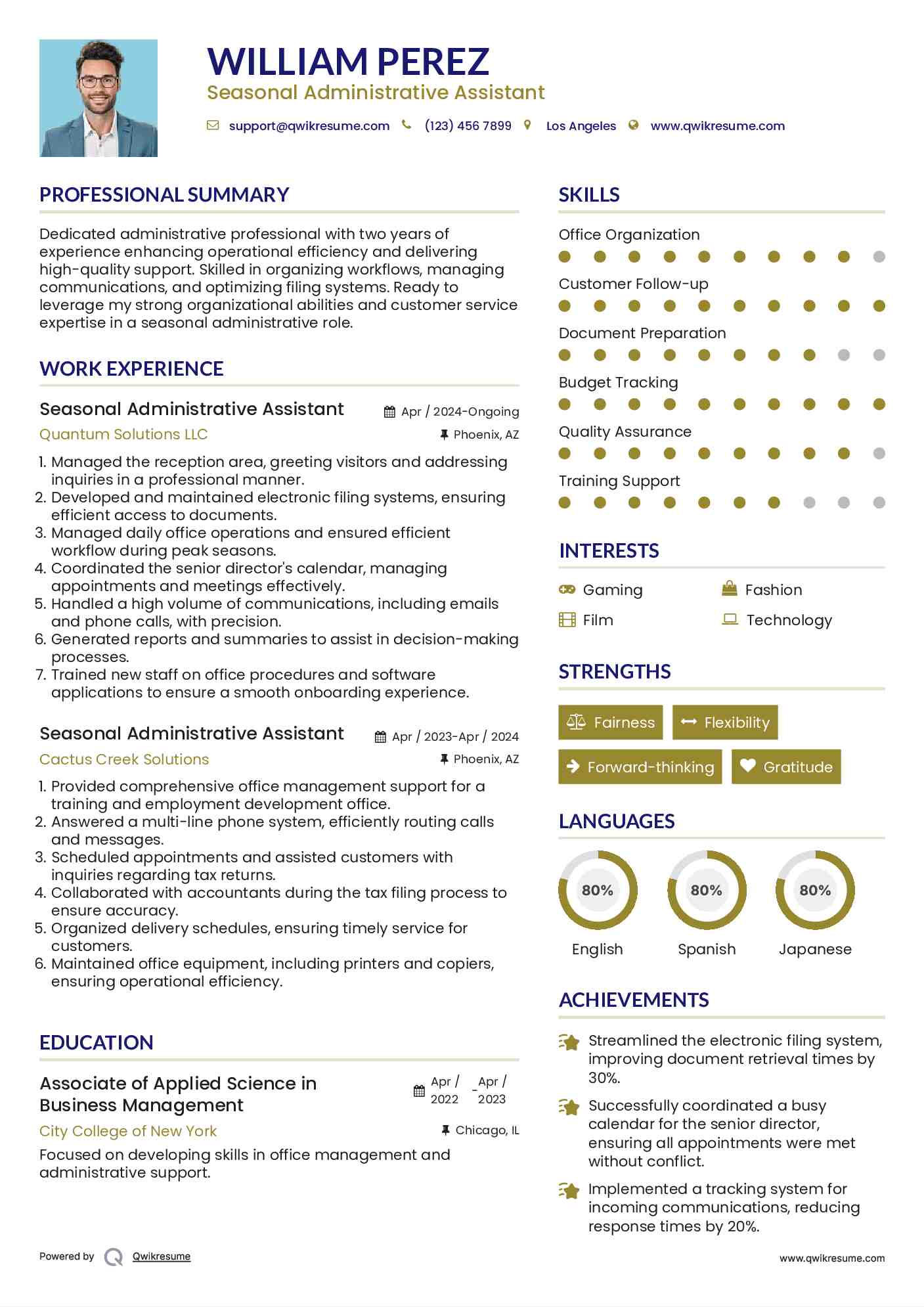 Seasonal Administrative Assistant Resume Sample