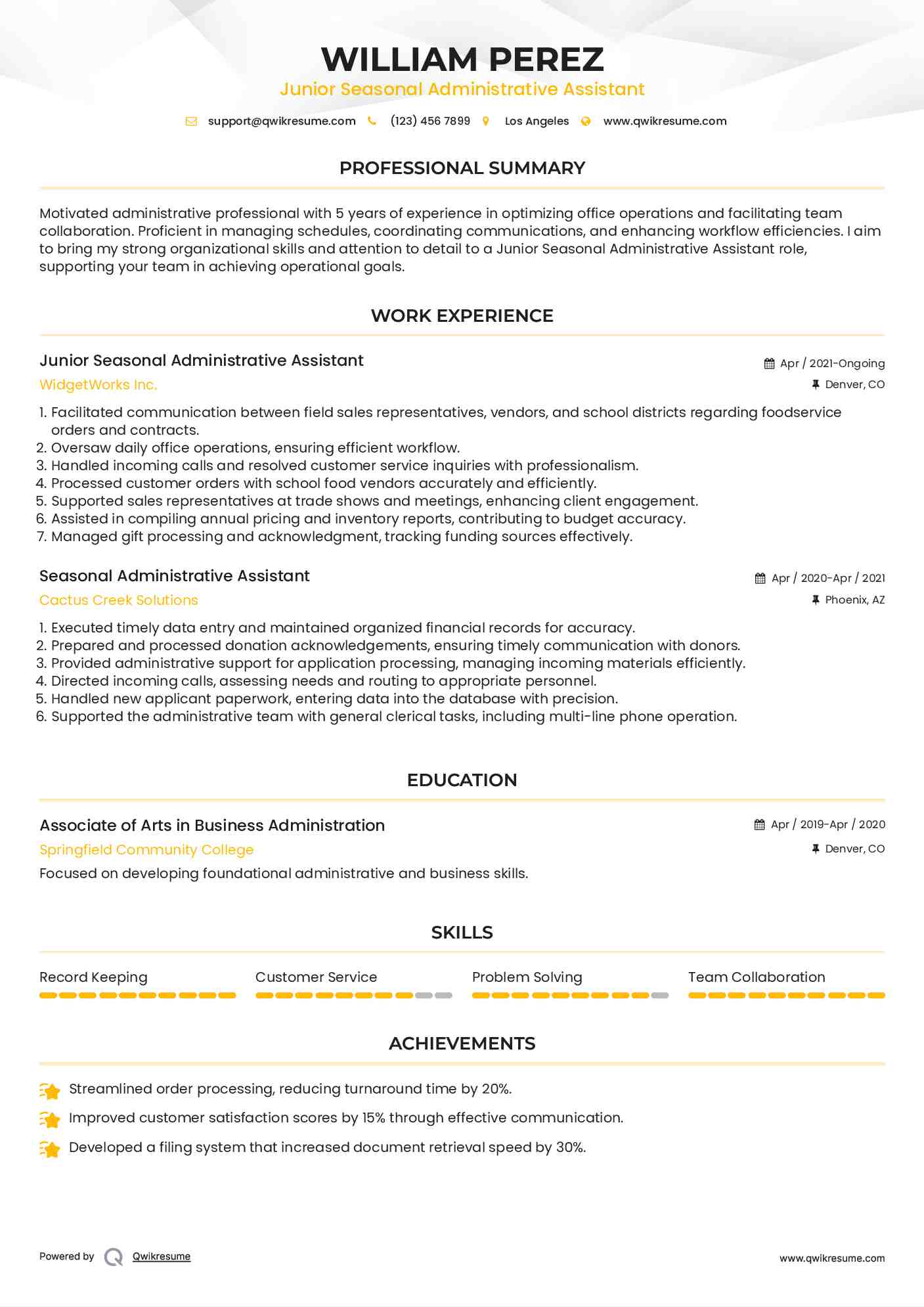Junior Seasonal Administrative Assistant Resume Template