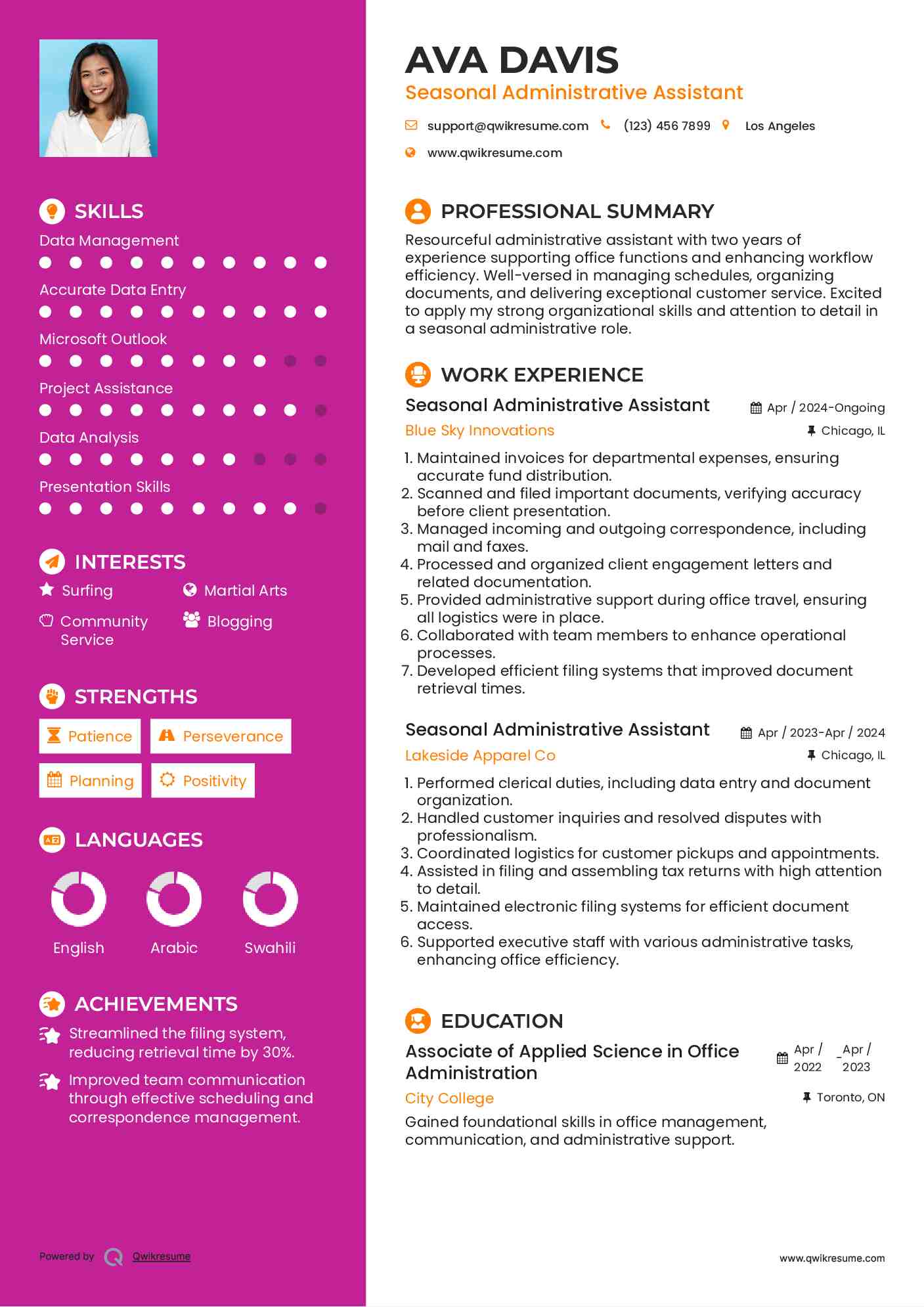 Seasonal Administrative Assistant Resume Model