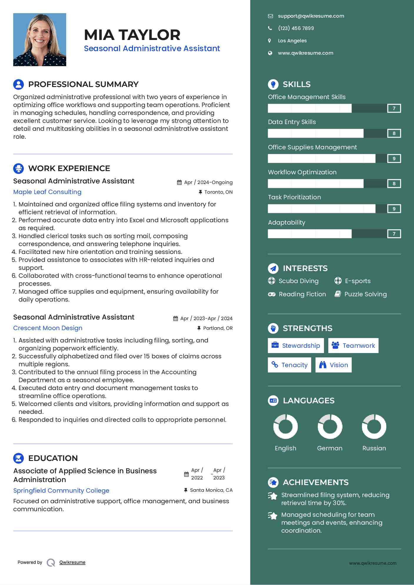 Seasonal Administrative Assistant Resume Sample