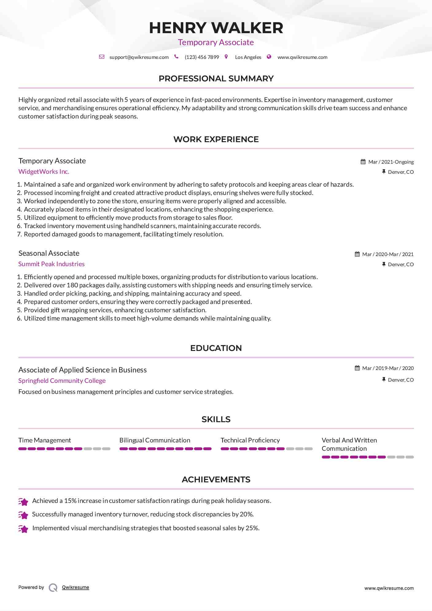 Temporary Associate Resume Example
