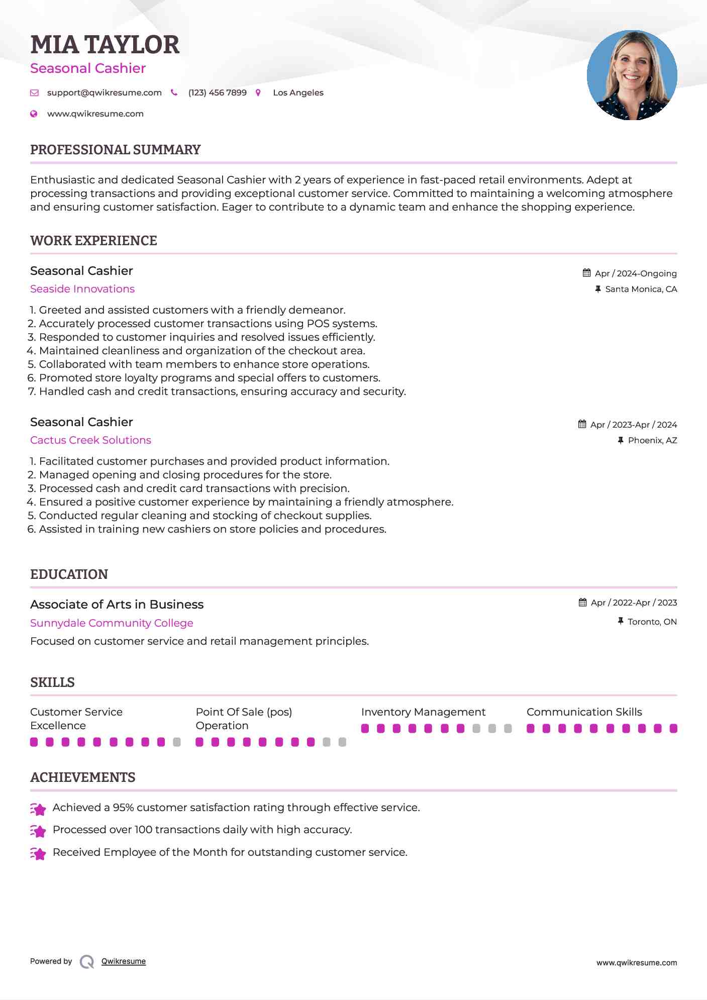 Seasonal Cashier Resume Sample