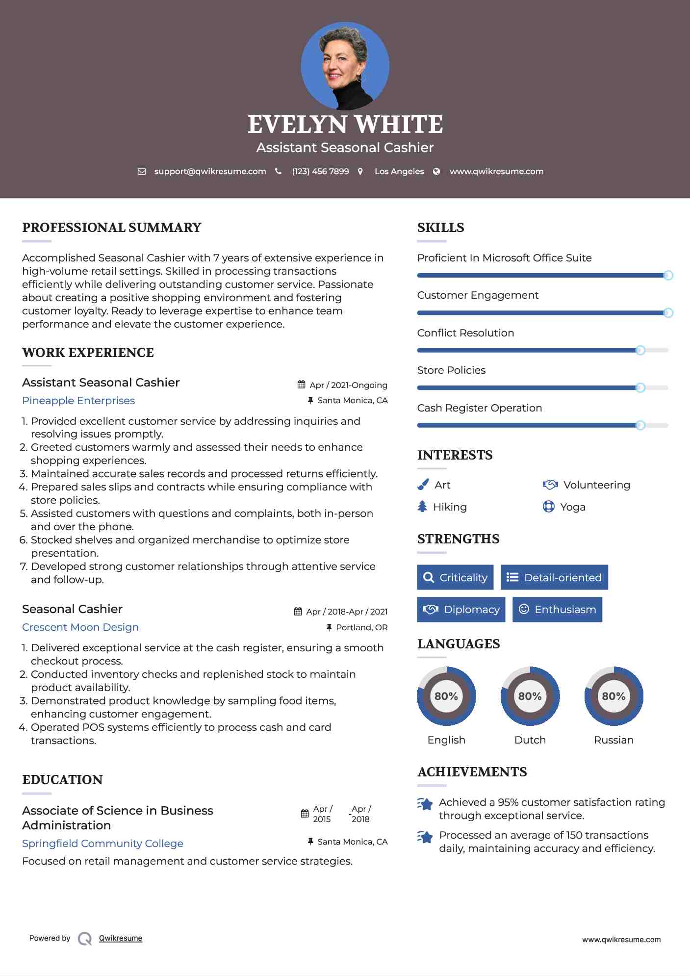 Assistant Seasonal Cashier Resume Model
