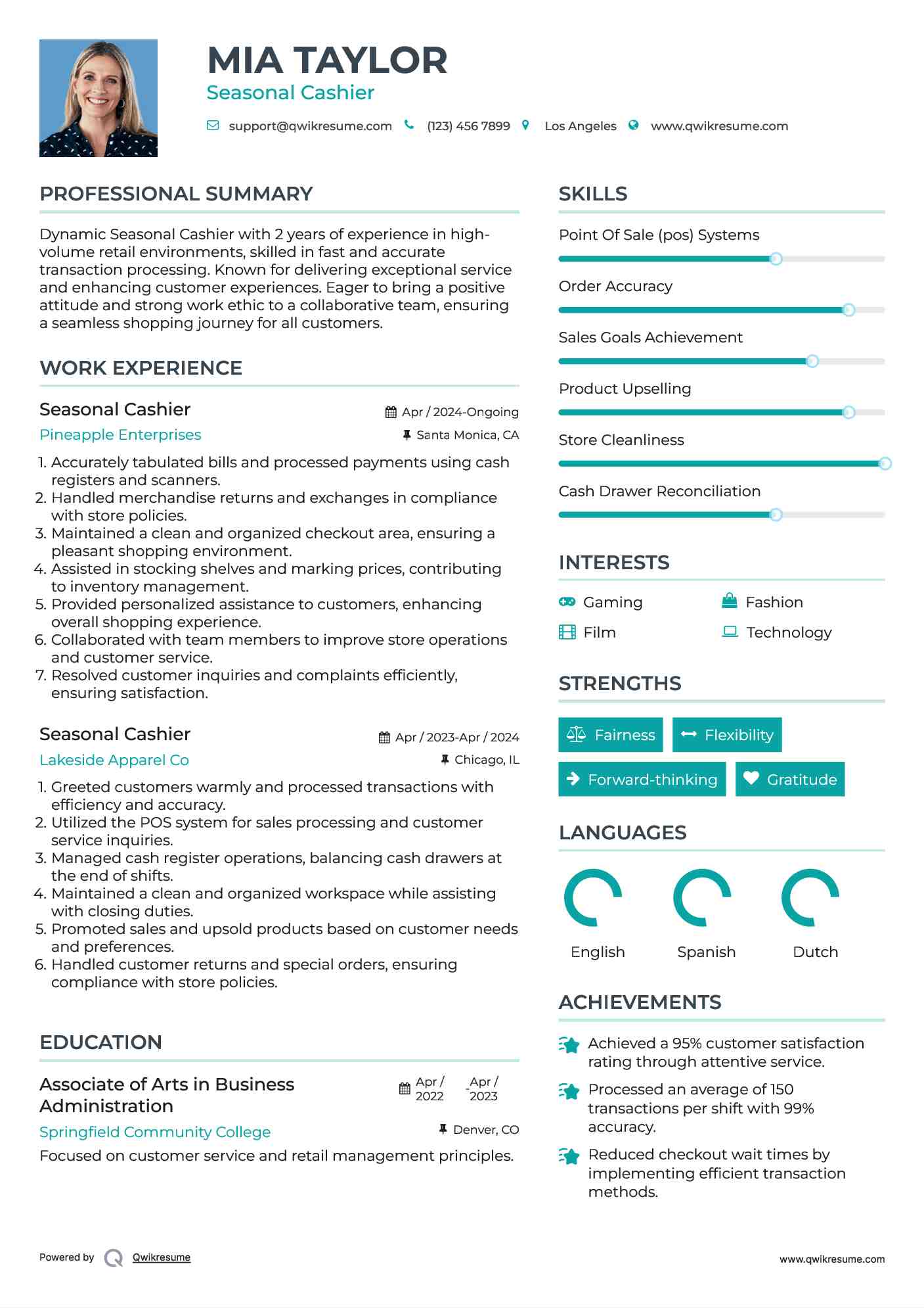 Seasonal Cashier Resume Sample