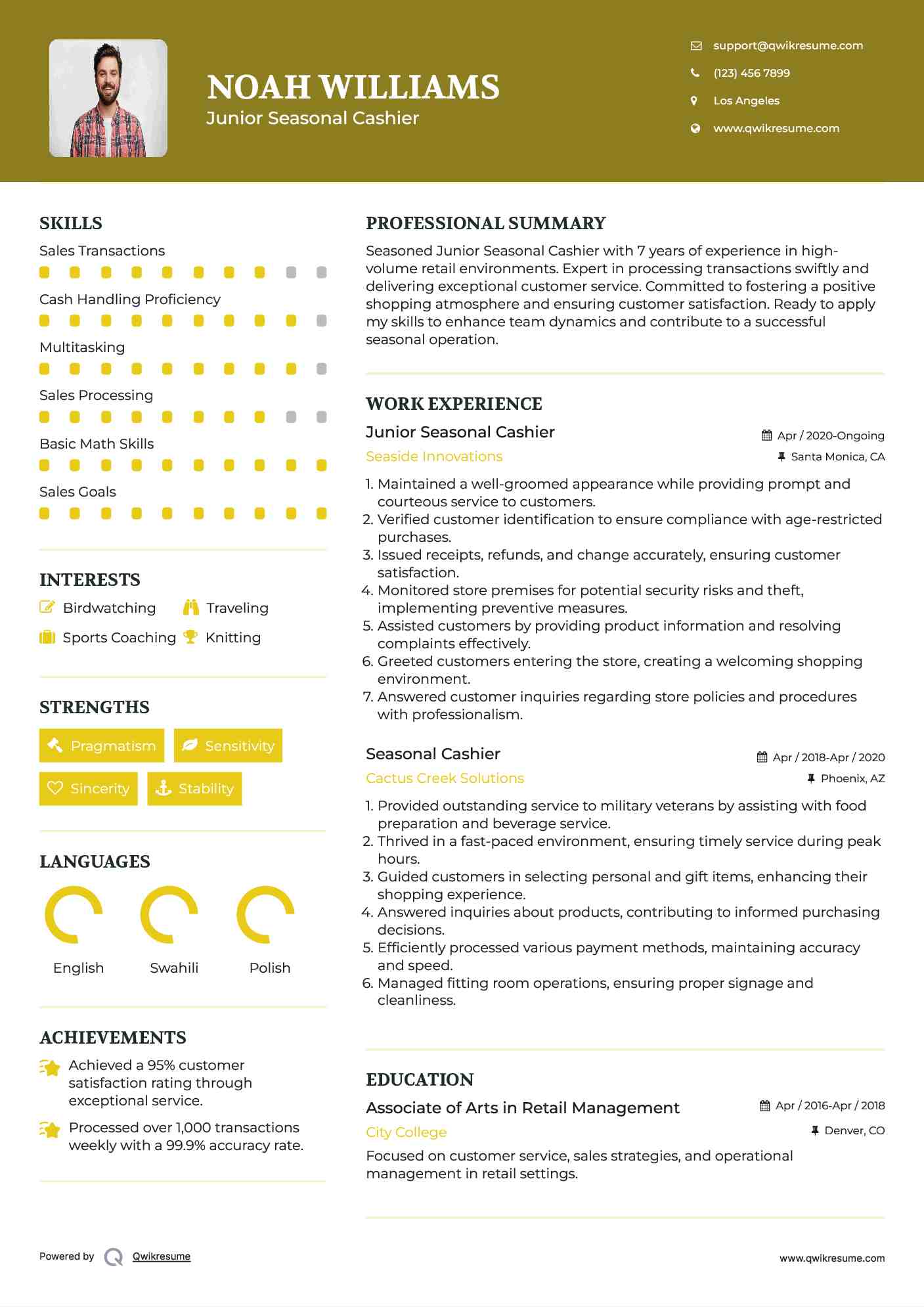 Junior Seasonal Cashier Resume Template
