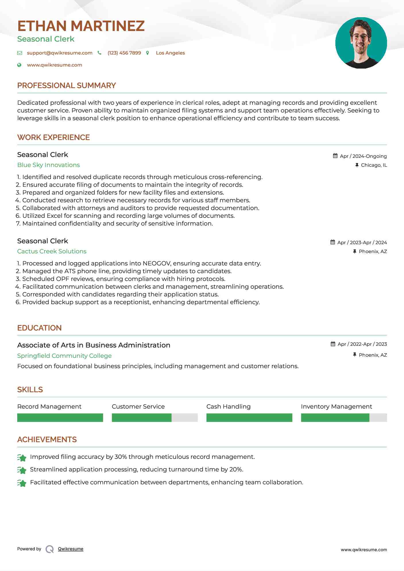 Seasonal Clerk Resume Model