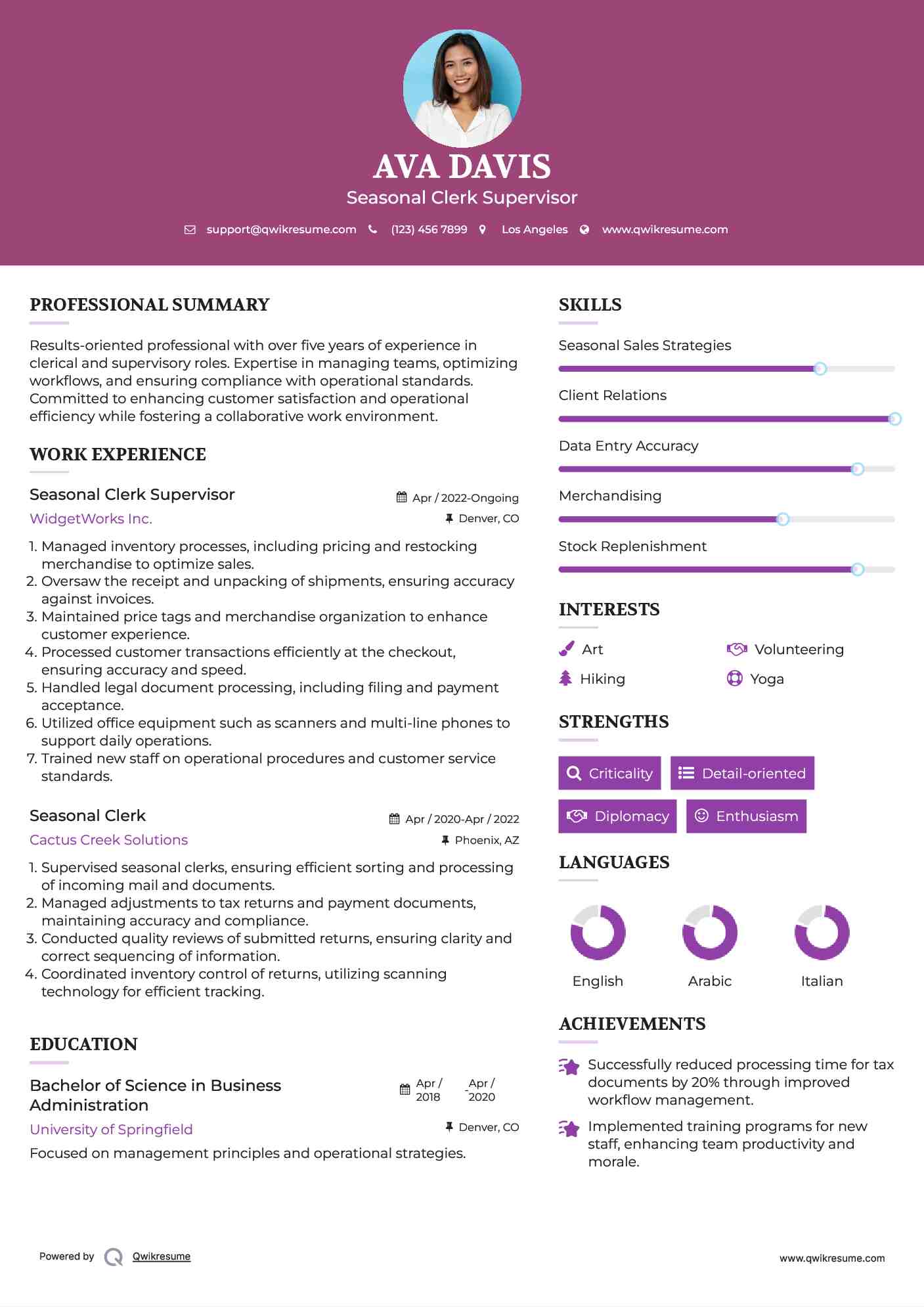 Seasonal Clerk Supervisor Resume Template