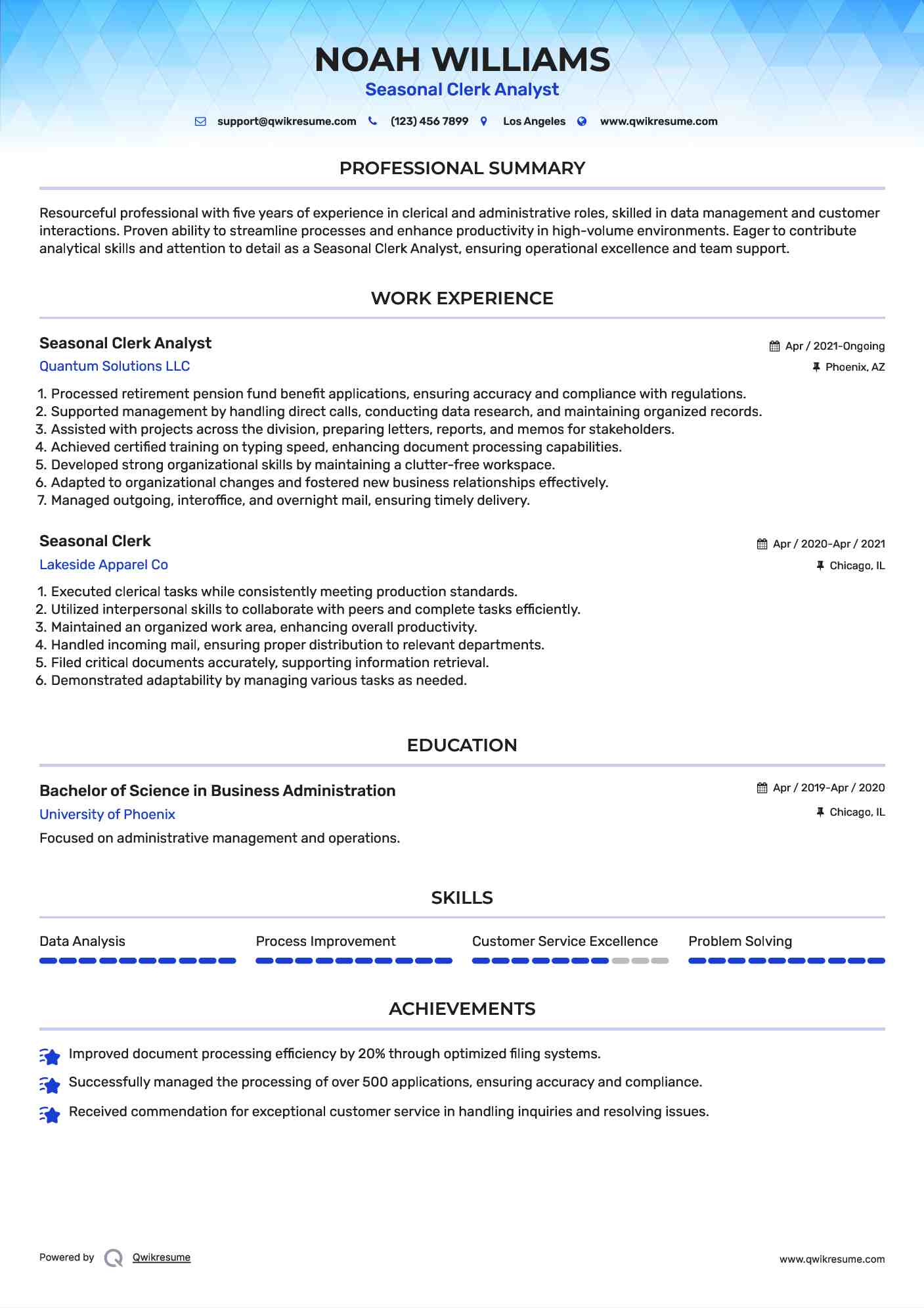 Seasonal Clerk Analyst Resume Template