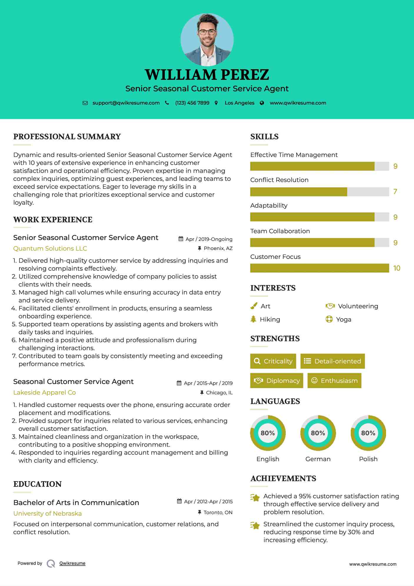 Senior Seasonal Customer Service Agent Resume Template