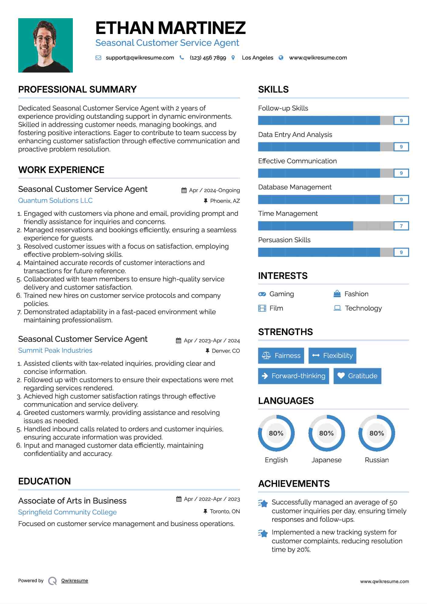 Seasonal Customer Service Agent Resume Model