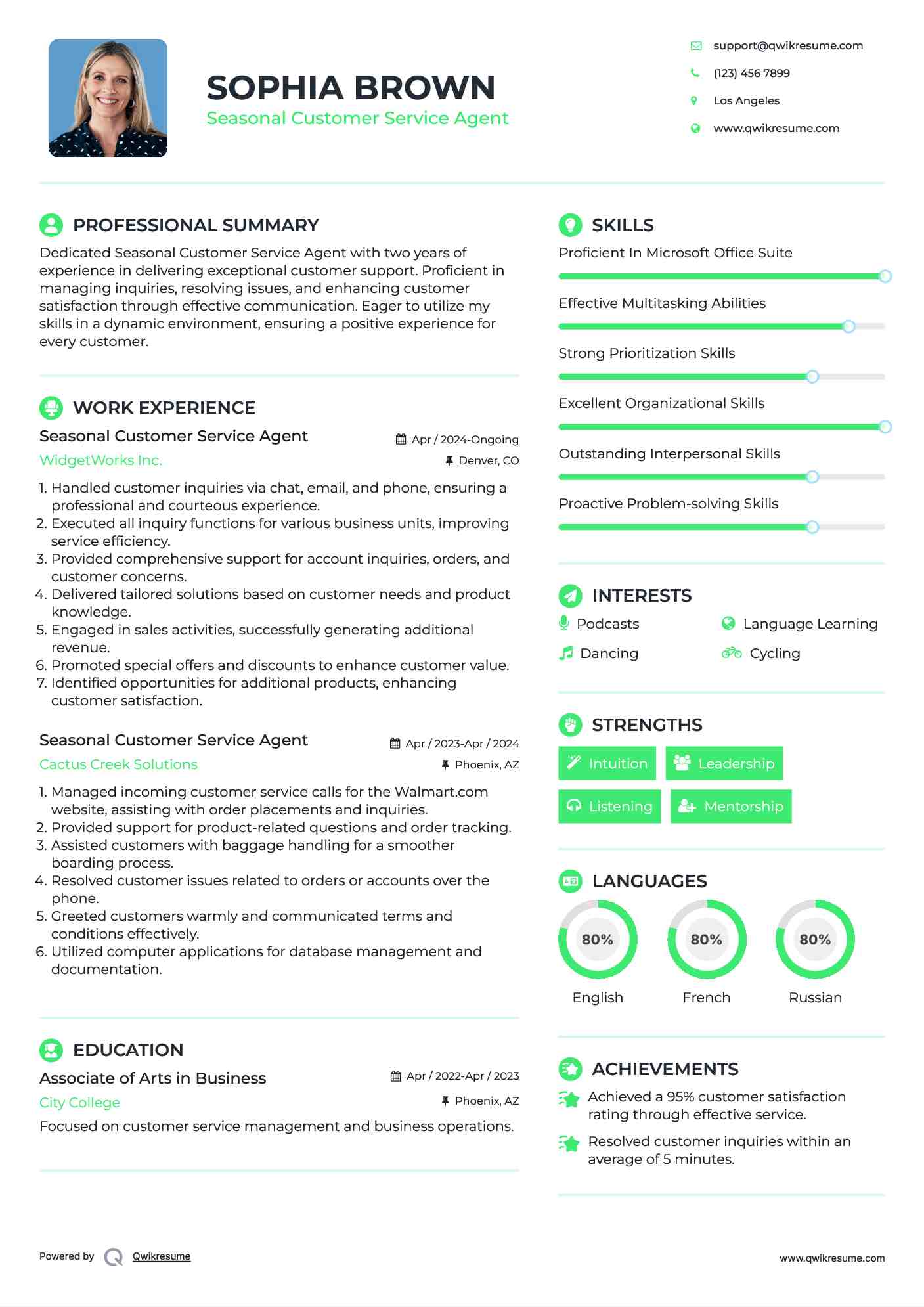 Seasonal Customer Service Agent Resume Format