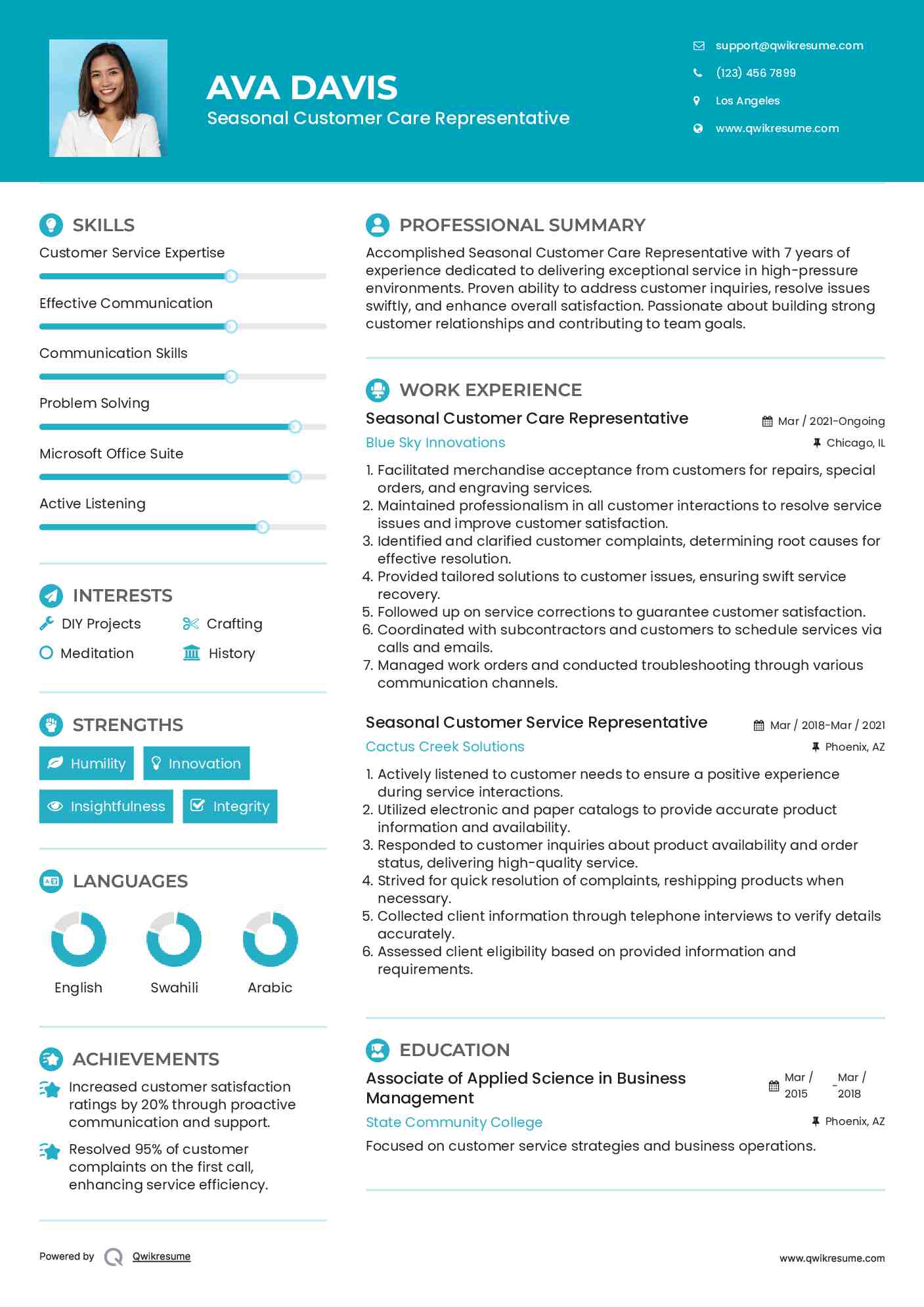 Seasonal Customer Care Representative
 Resume Example