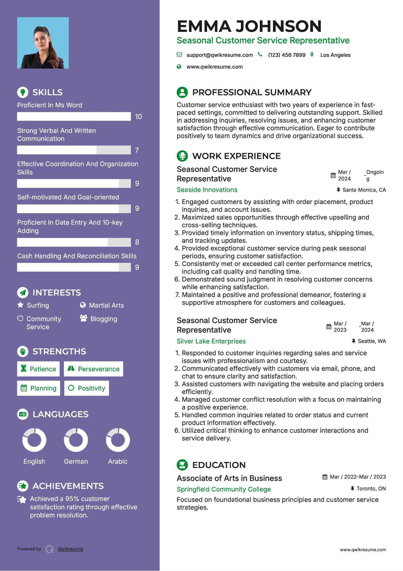 Seasonal Customer Service Representative Resume Sample