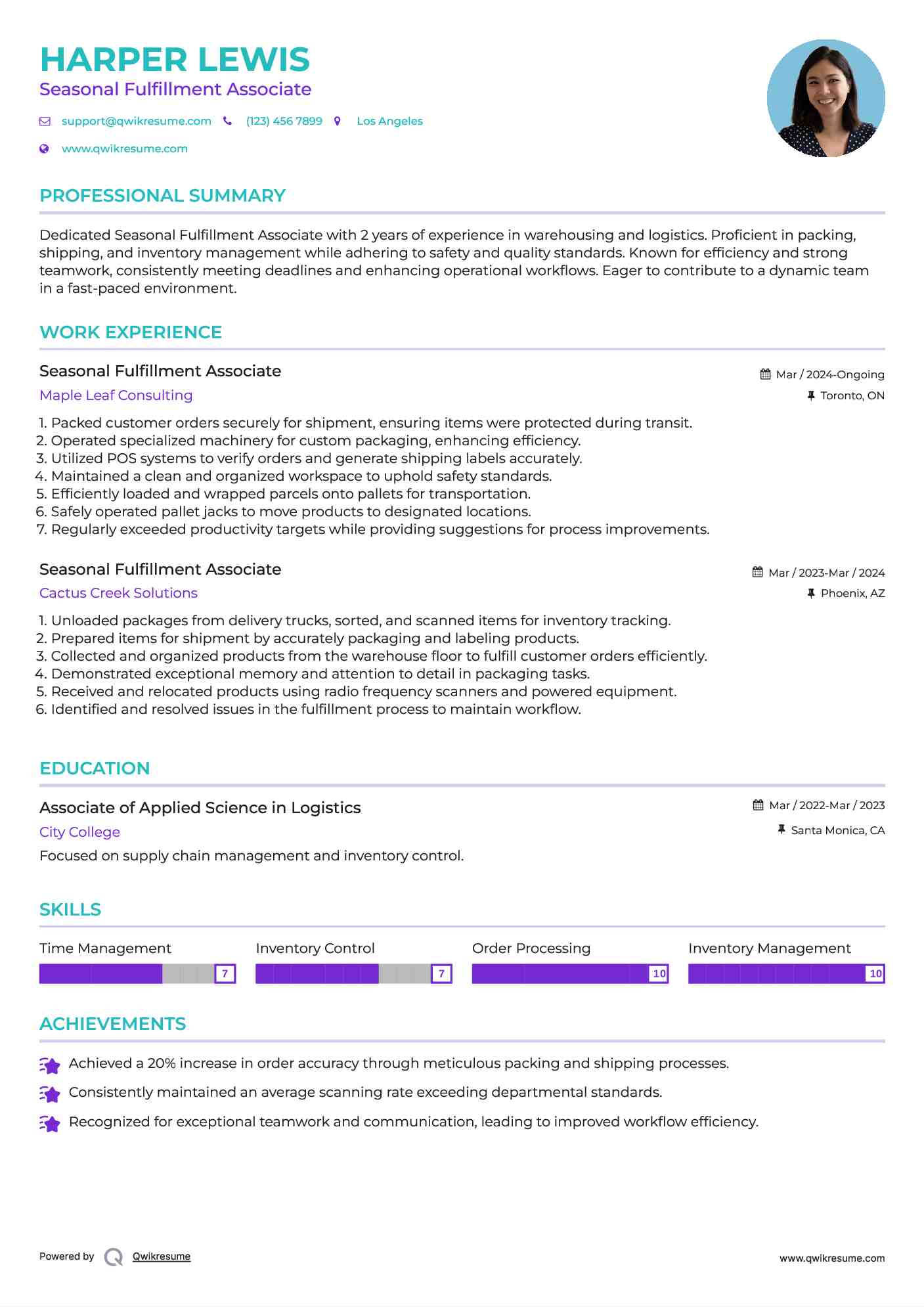 Seasonal Fulfillment Associate Resume Sample
