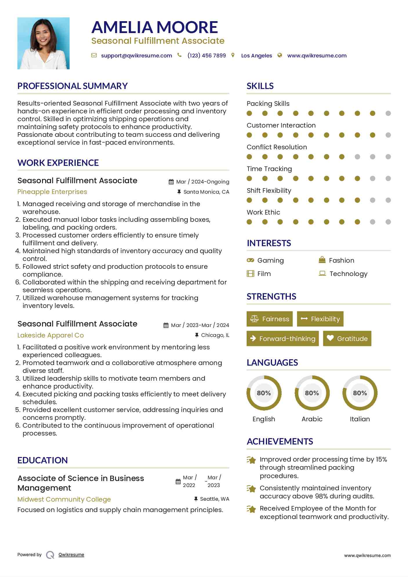 Seasonal Fulfillment Associate Resume Samples QwikResume