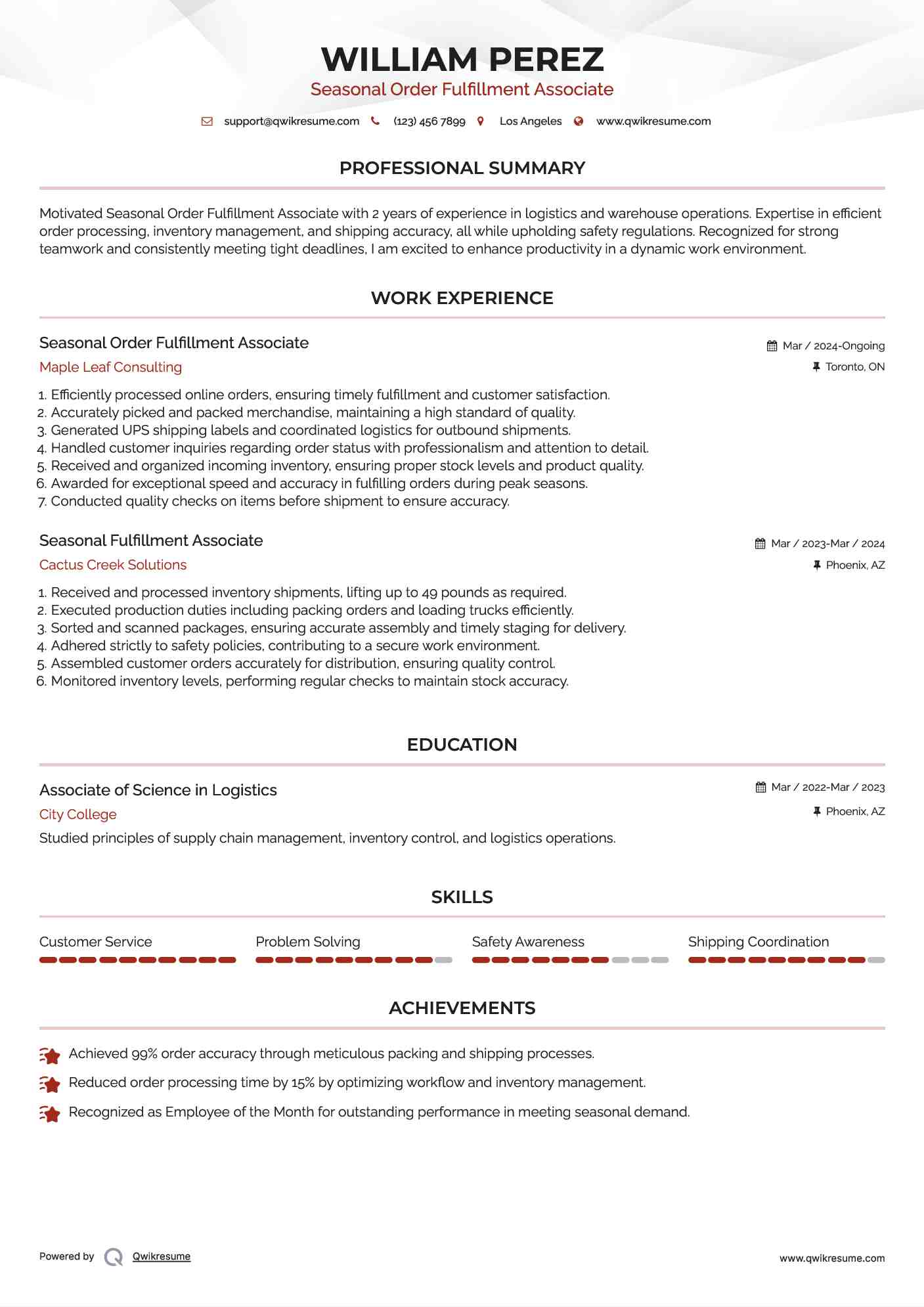 Seasonal Order Fulfillment Associate  Resume Template