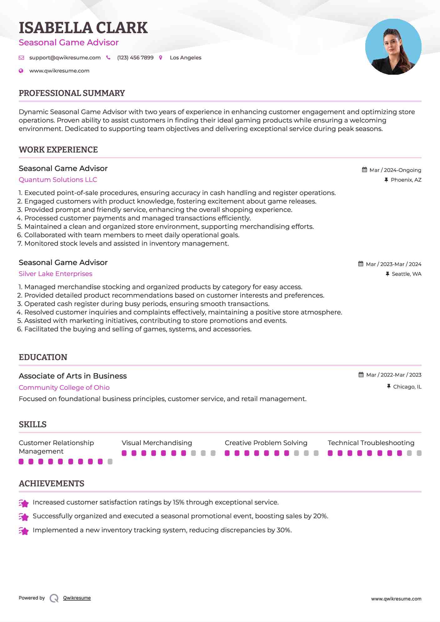 Seasonal Game Advisor Resume Template